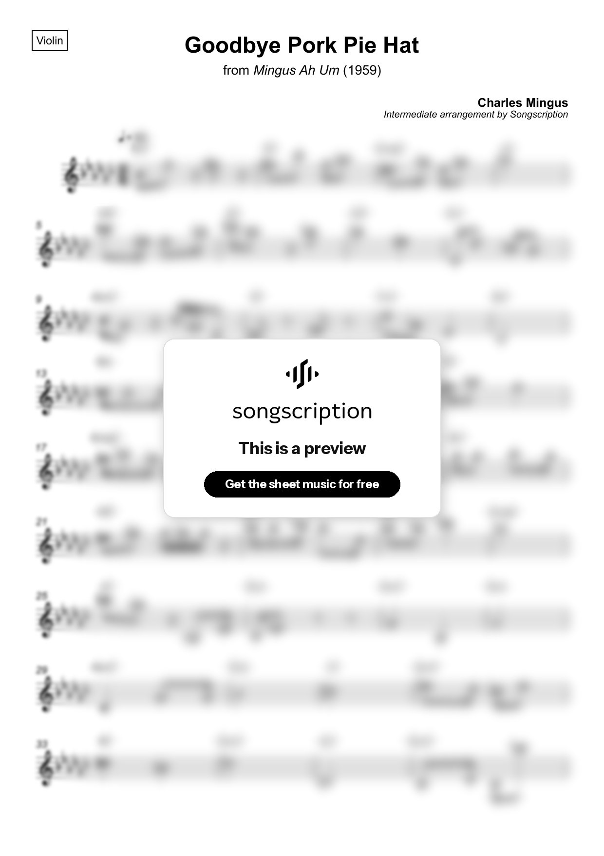 Intermediate Violin Sheet Music for "Goodbye Pork Pie Hat" by Charles Mingus