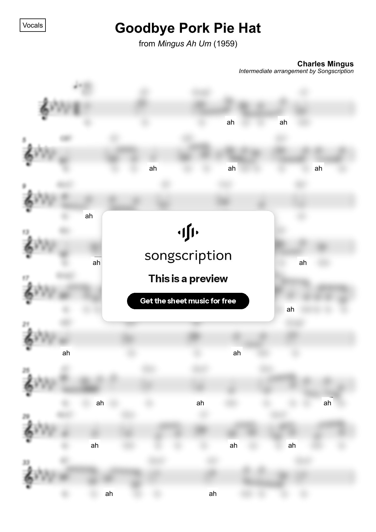 Intermediate Vocals Sheet Music for "Goodbye Pork Pie Hat" by Charles Mingus