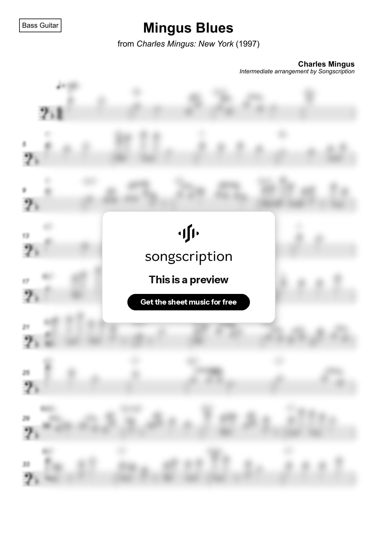 Intermediate Bass Guitar Sheet Music for "Mingus Blues" by Charles Mingus