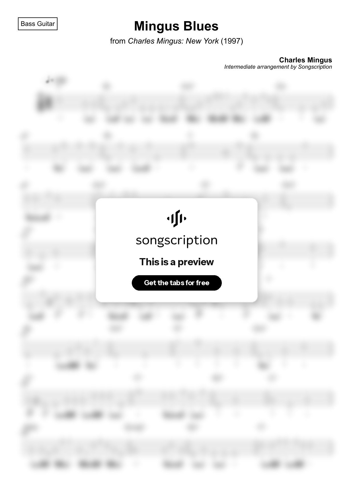 Intermediate Bass Guitar Tabs for "Mingus Blues" by Charles Mingus
