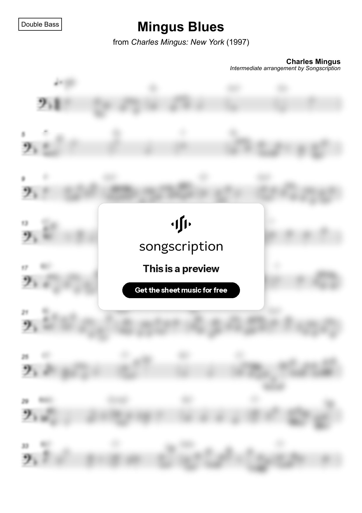 Intermediate Double Bass Sheet Music for "Mingus Blues" by Charles Mingus