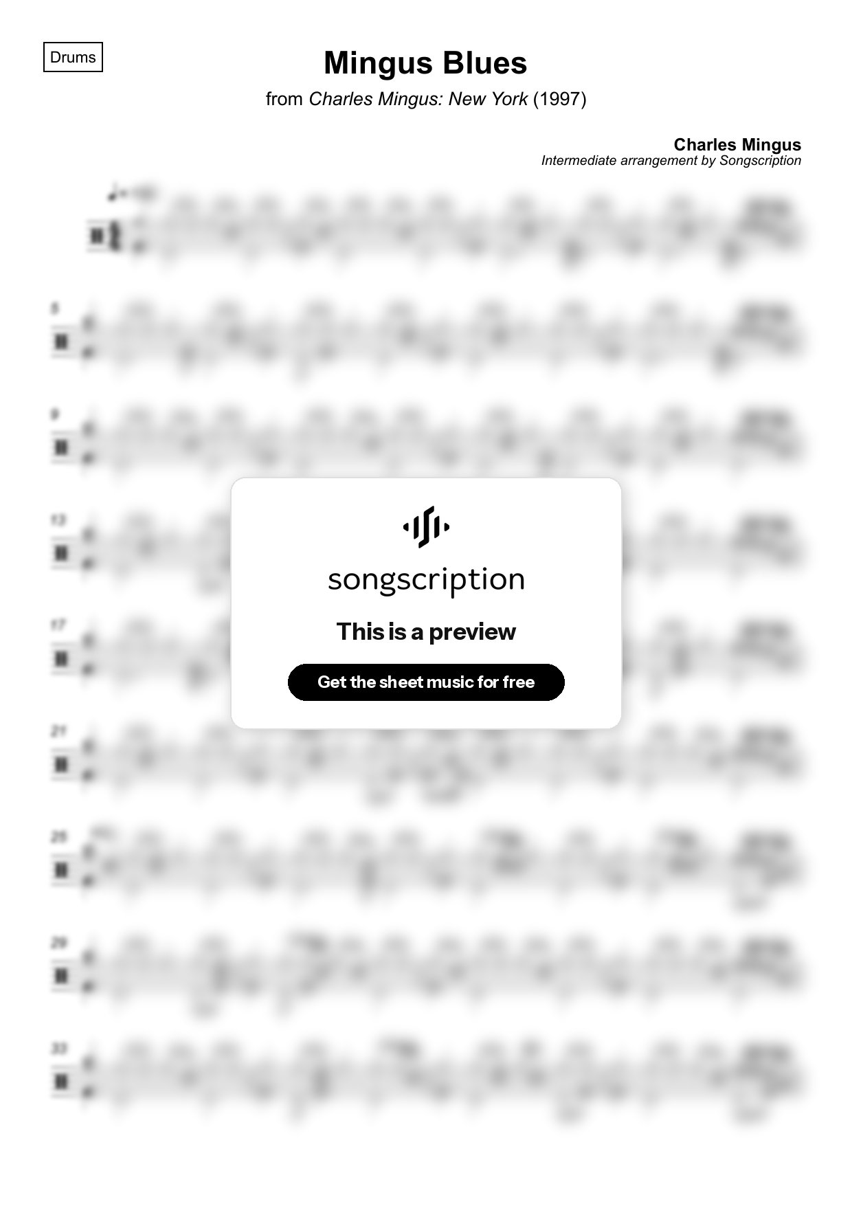 Intermediate Drums Sheet Music for "Mingus Blues" by Charles Mingus