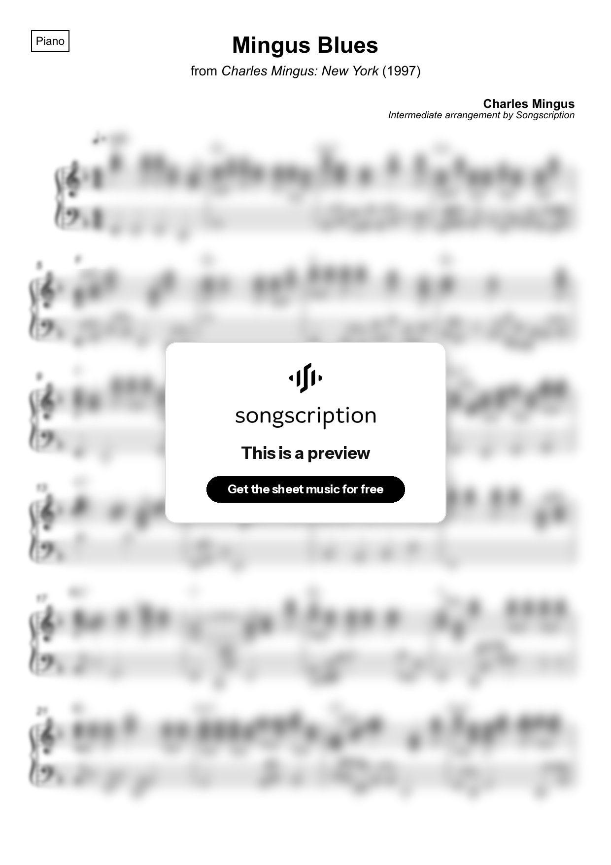 Intermediate Piano Sheet Music for "Mingus Blues" by Charles Mingus