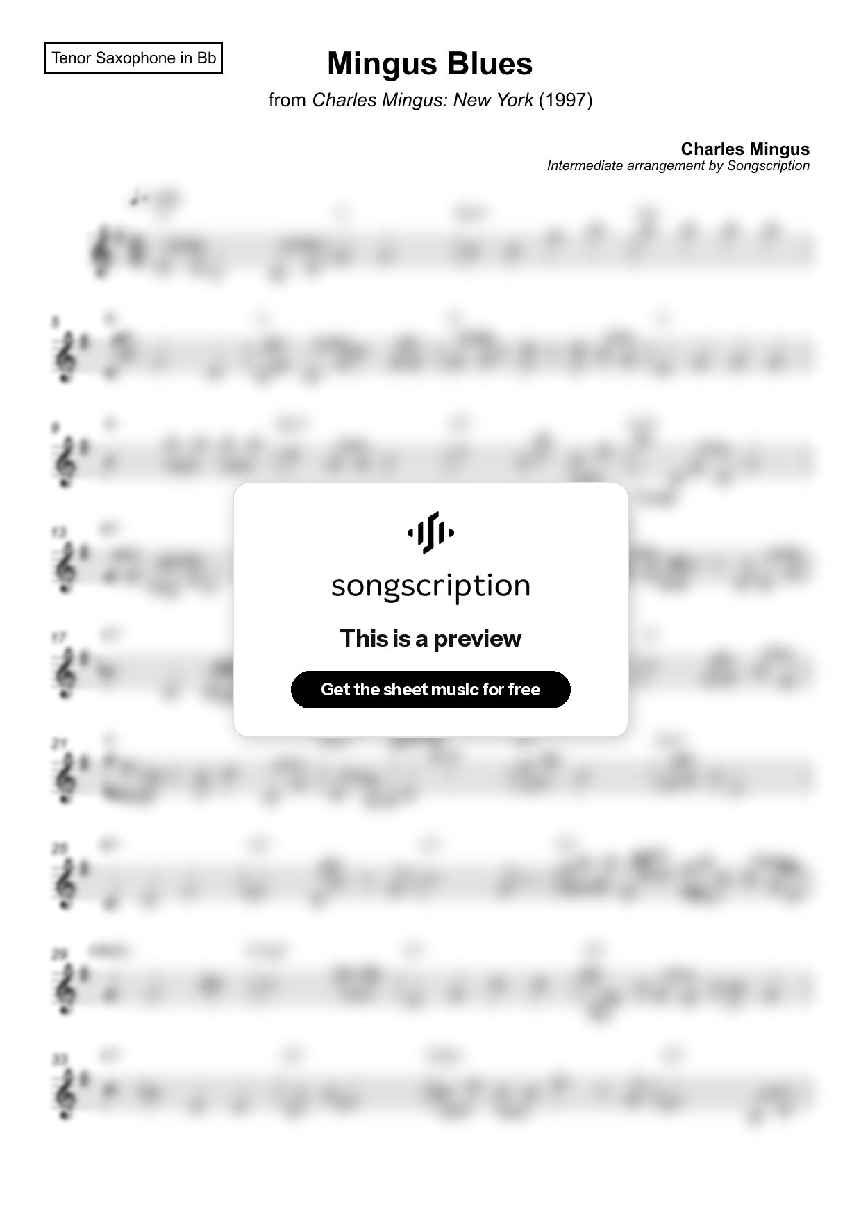 Intermediate Tenor Sax Sheet Music for "Mingus Blues" by Charles Mingus