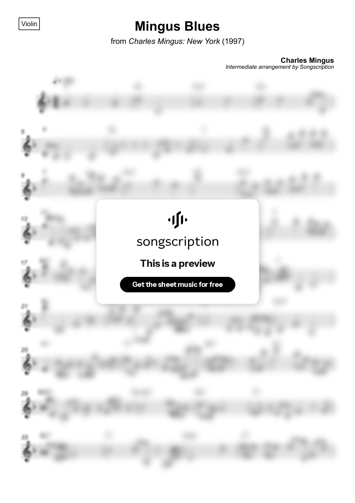 Intermediate Violin Sheet Music for "Mingus Blues" by Charles Mingus