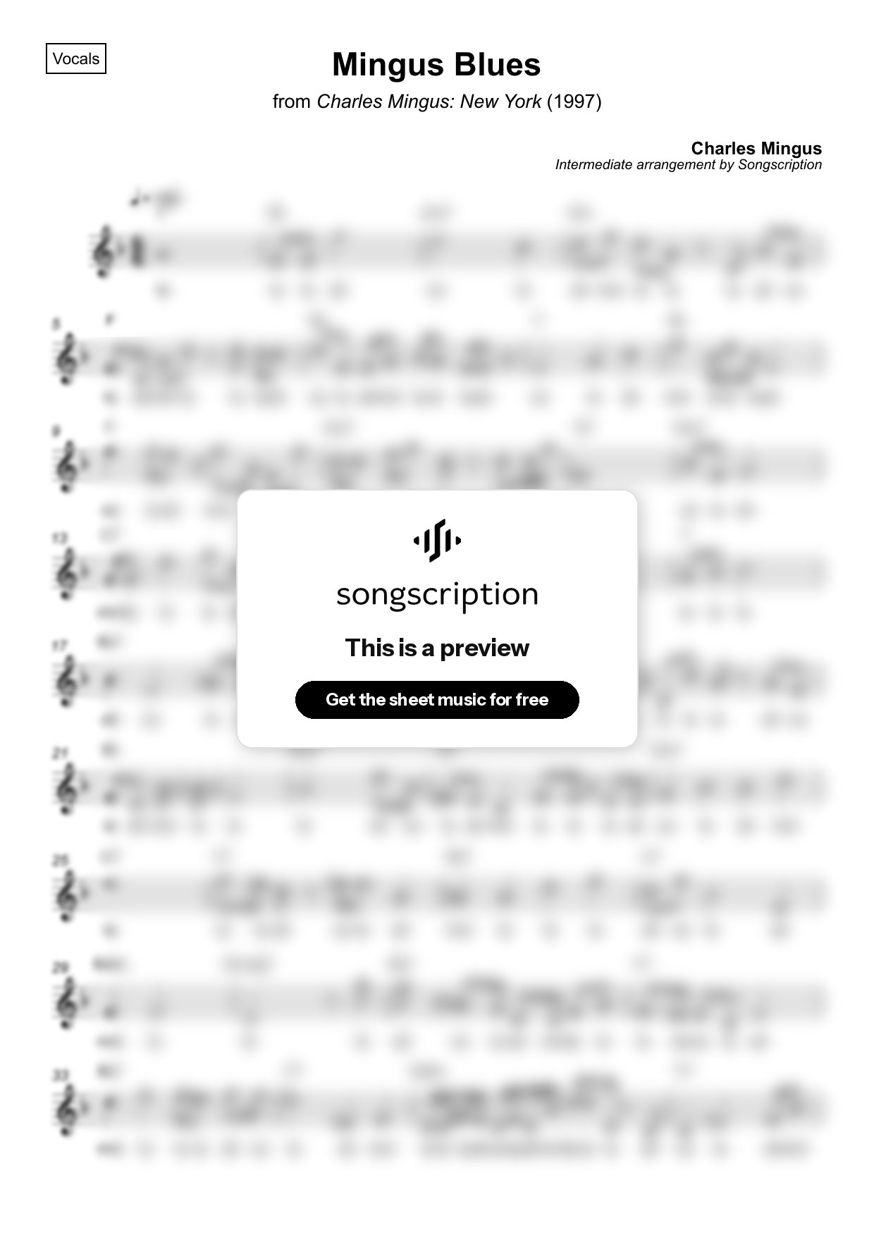 Intermediate Vocals Sheet Music for "Mingus Blues" by Charles Mingus