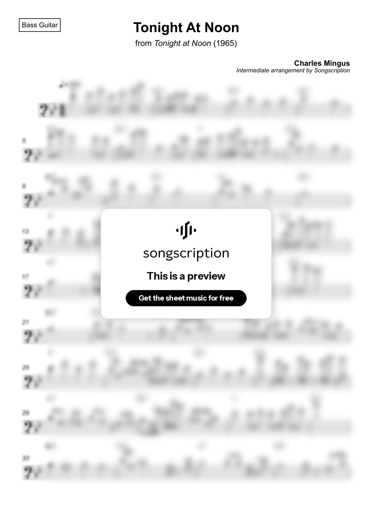 Intermediate Bass Guitar Sheet Music for "Tonight At Noon" by Charles Mingus