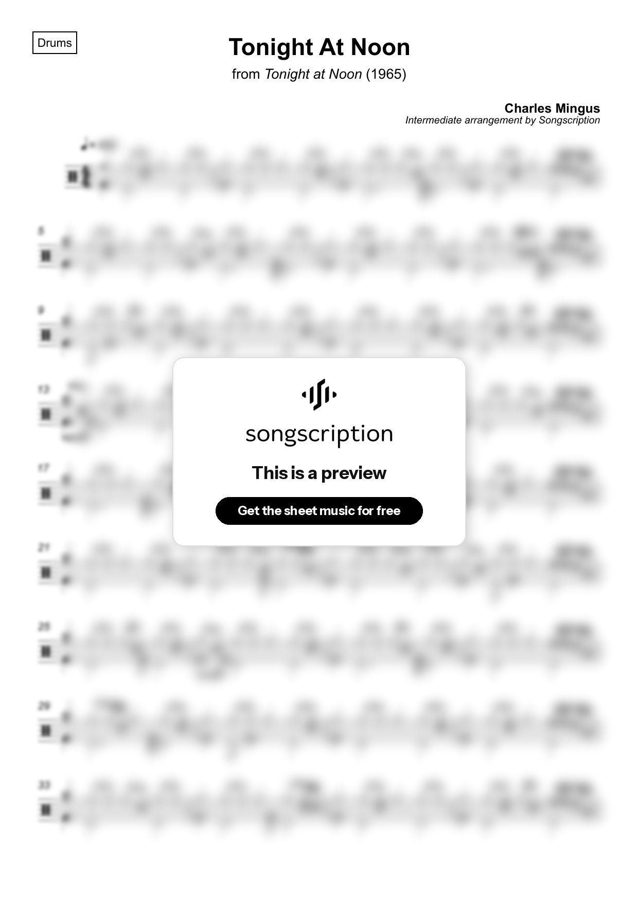 Intermediate Drums Sheet Music for "Tonight At Noon" by Charles Mingus
