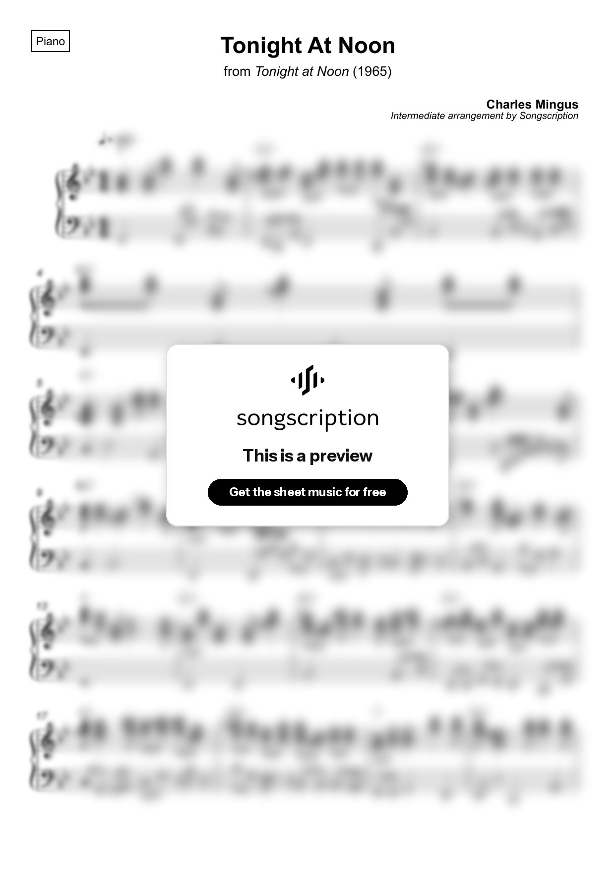 Intermediate Piano Sheet Music for "Tonight At Noon" by Charles Mingus