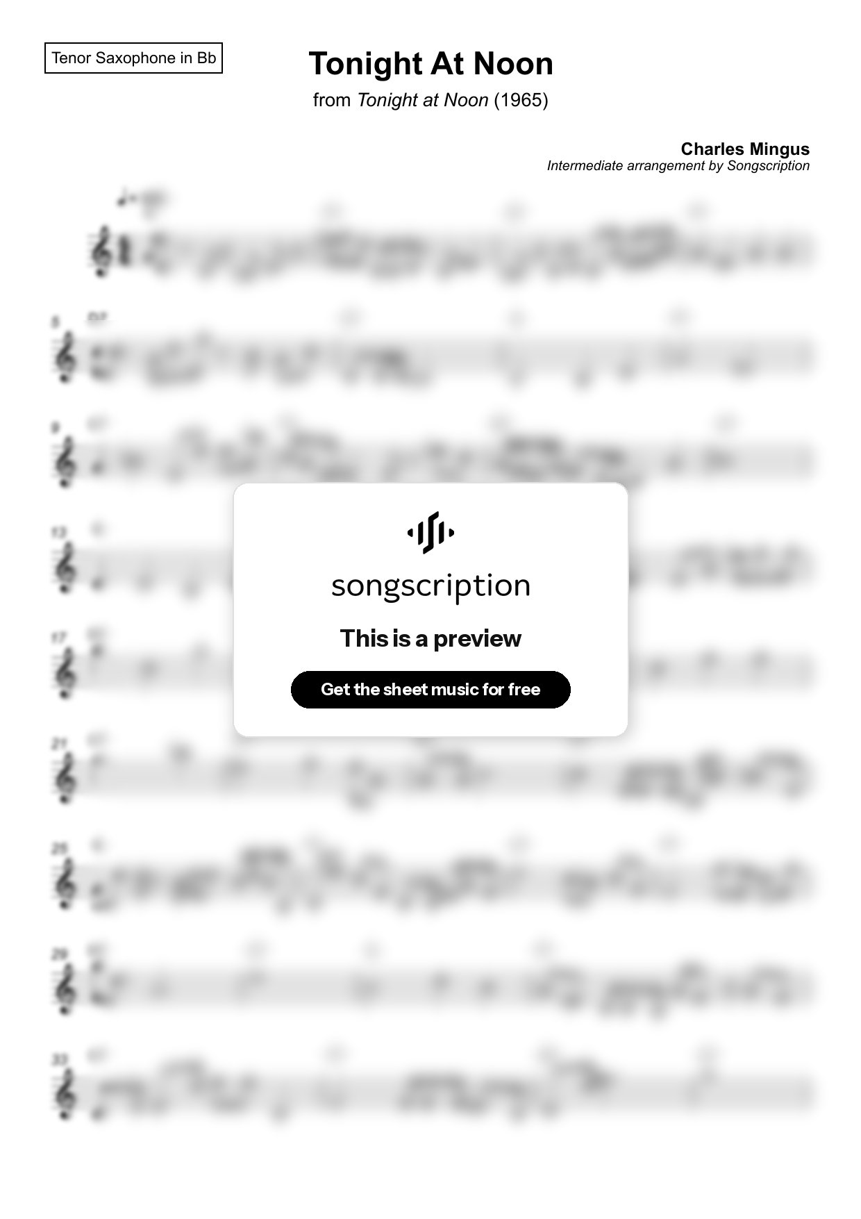 Intermediate Tenor Sax Sheet Music for "Tonight At Noon" by Charles Mingus