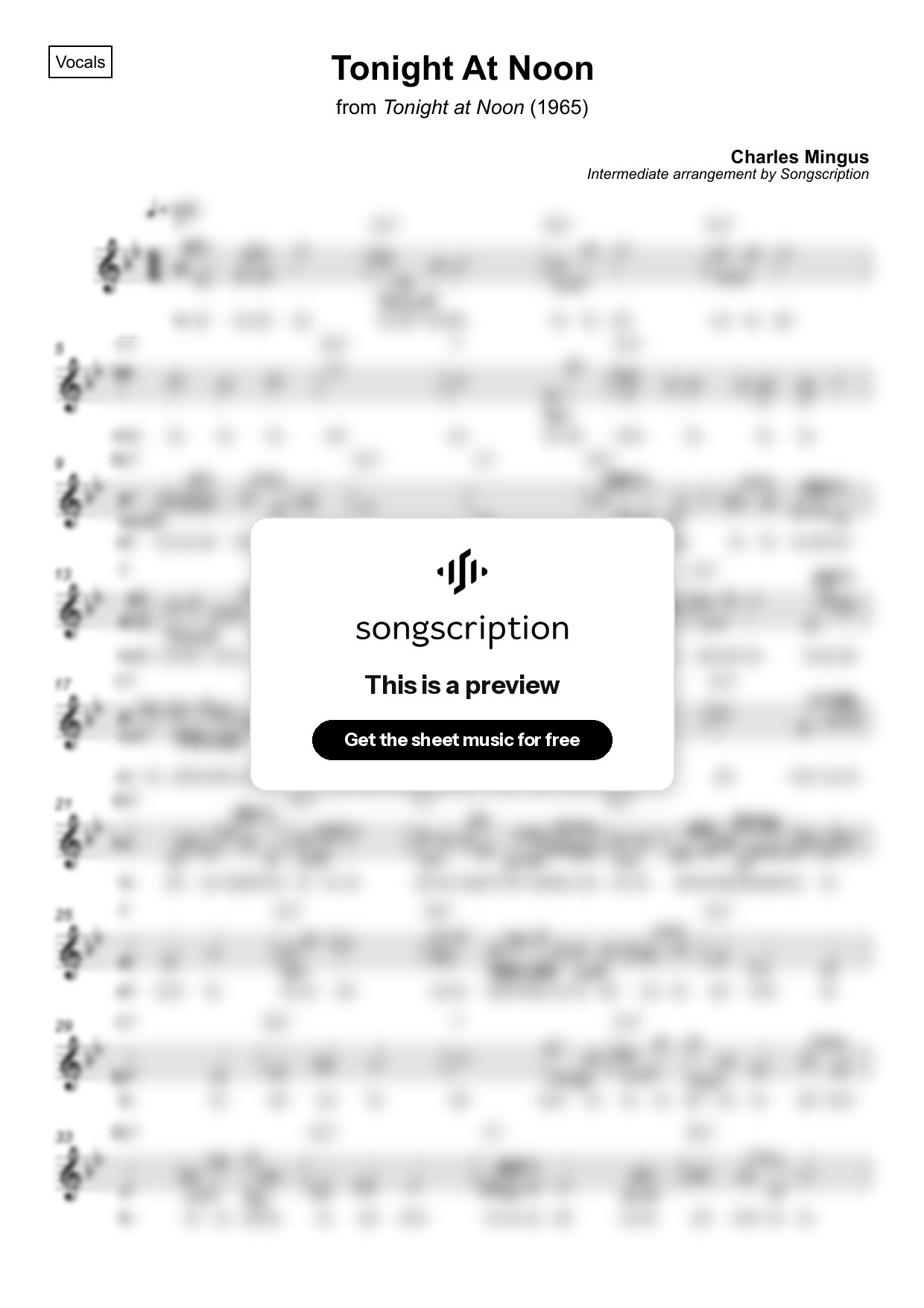 Intermediate Vocals Sheet Music for "Tonight At Noon" by Charles Mingus