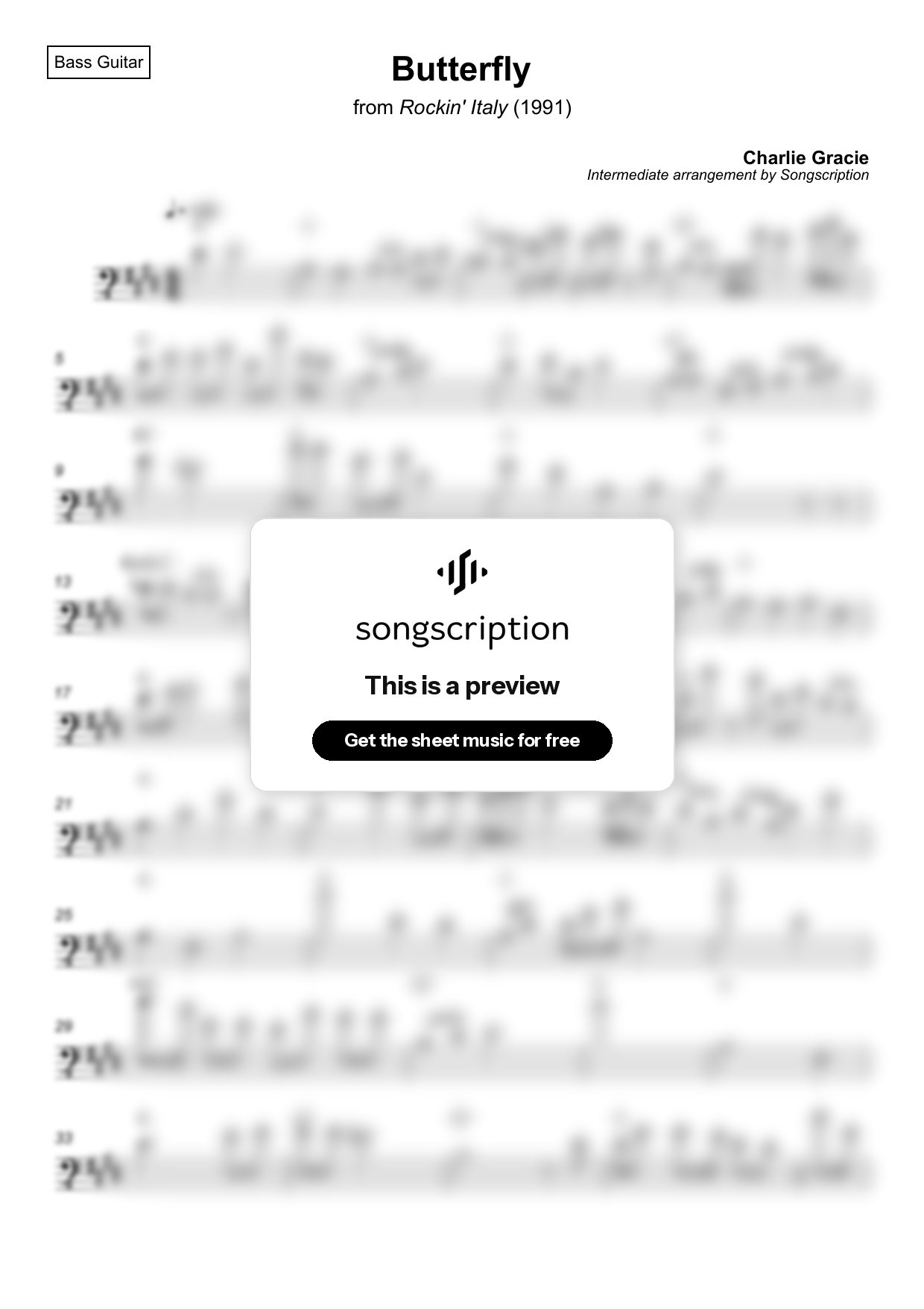 Intermediate Bass Guitar Sheet Music for "Butterfly" by Charlie Gracie