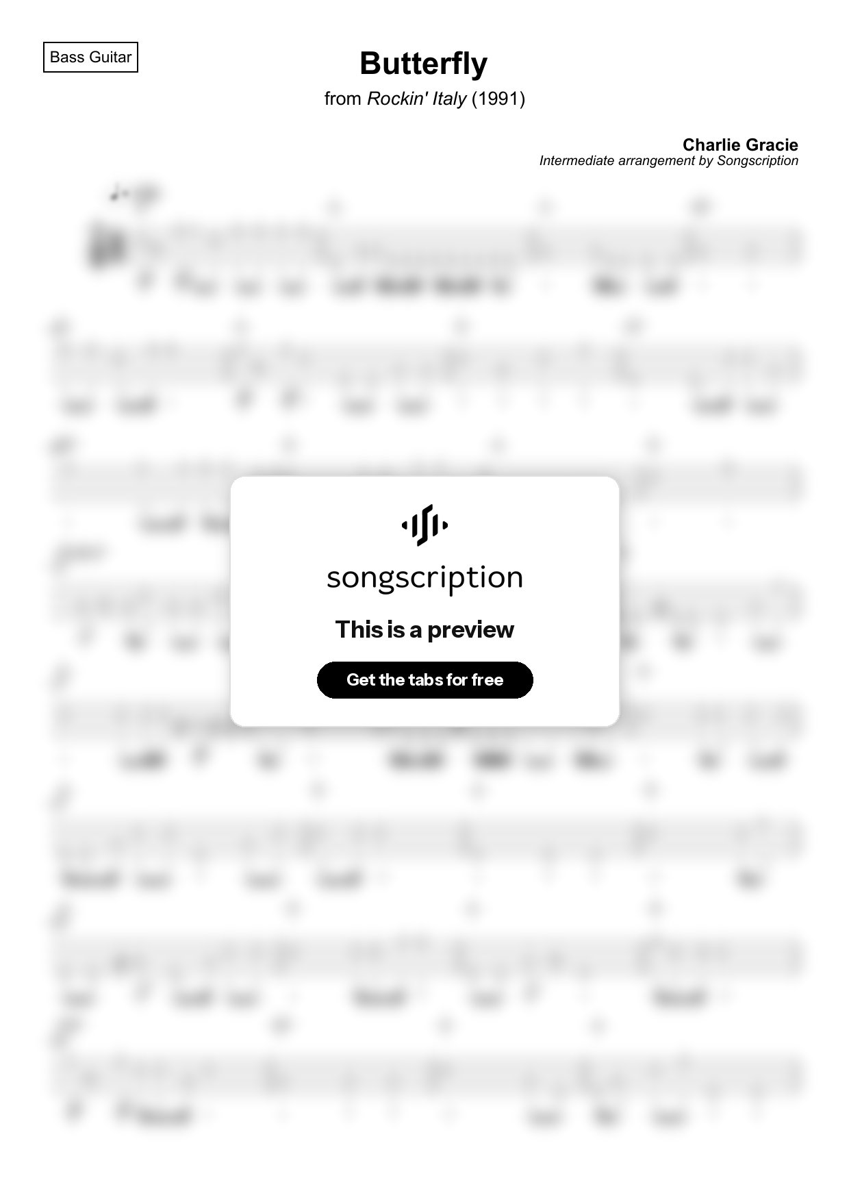 Intermediate Bass Guitar Tabs for "Butterfly" by Charlie Gracie