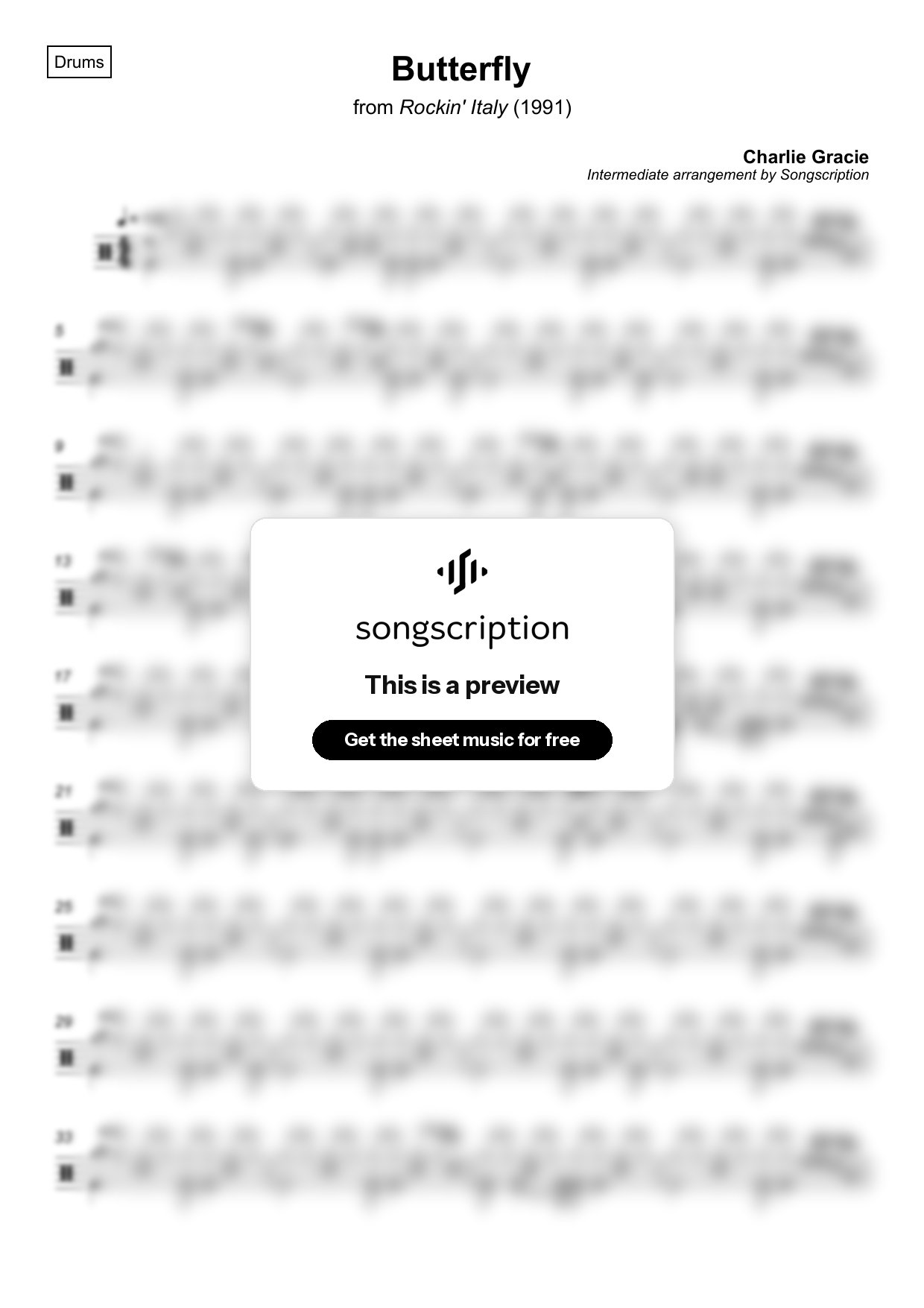 Intermediate Drums Sheet Music for "Butterfly" by Charlie Gracie