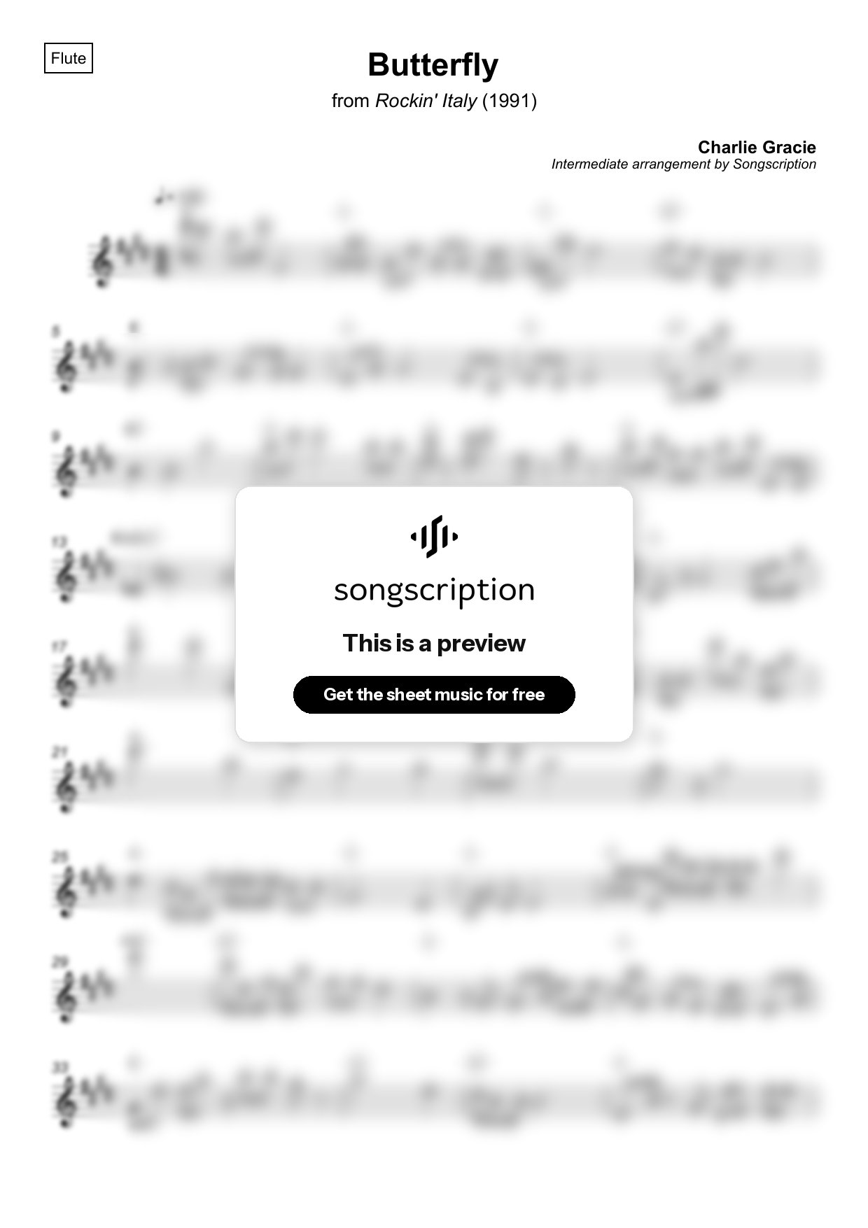 Intermediate Flute Sheet Music for "Butterfly" by Charlie Gracie