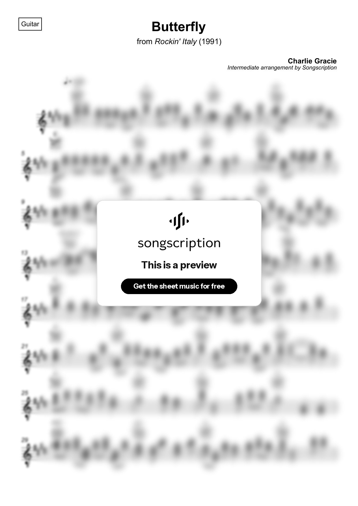 Intermediate Acoustic Guitar Sheet Music for "Butterfly" by Charlie Gracie