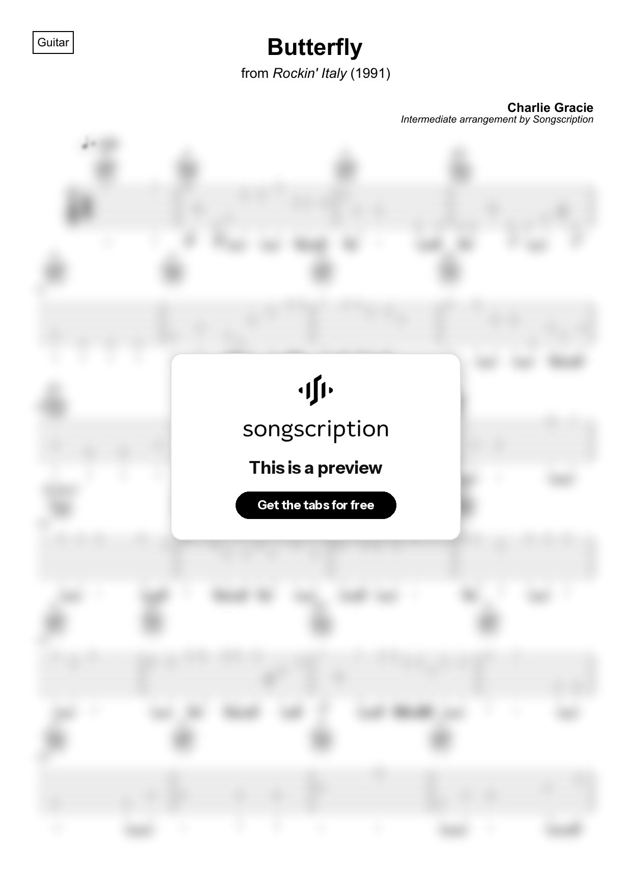 Intermediate Acoustic Guitar Tabs for "Butterfly" by Charlie Gracie