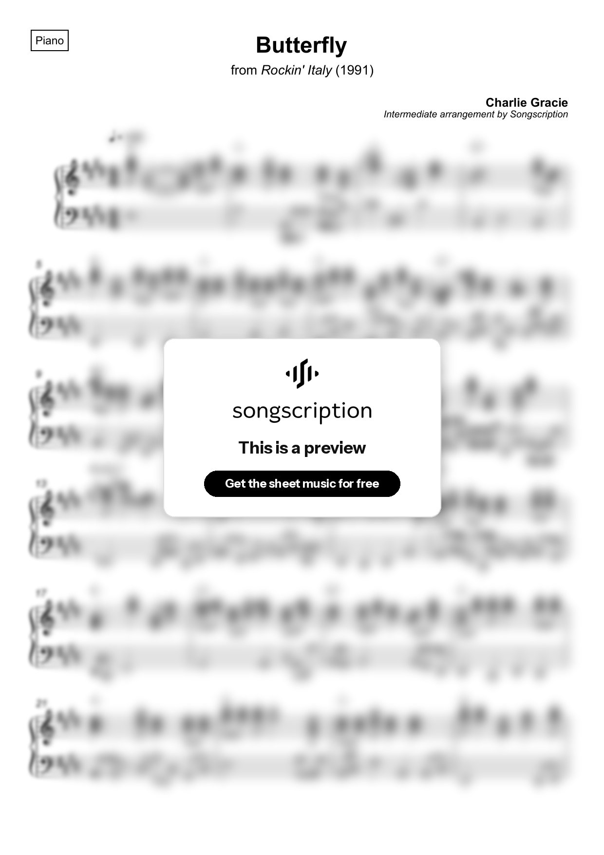 Intermediate Piano Sheet Music for "Butterfly" by Charlie Gracie