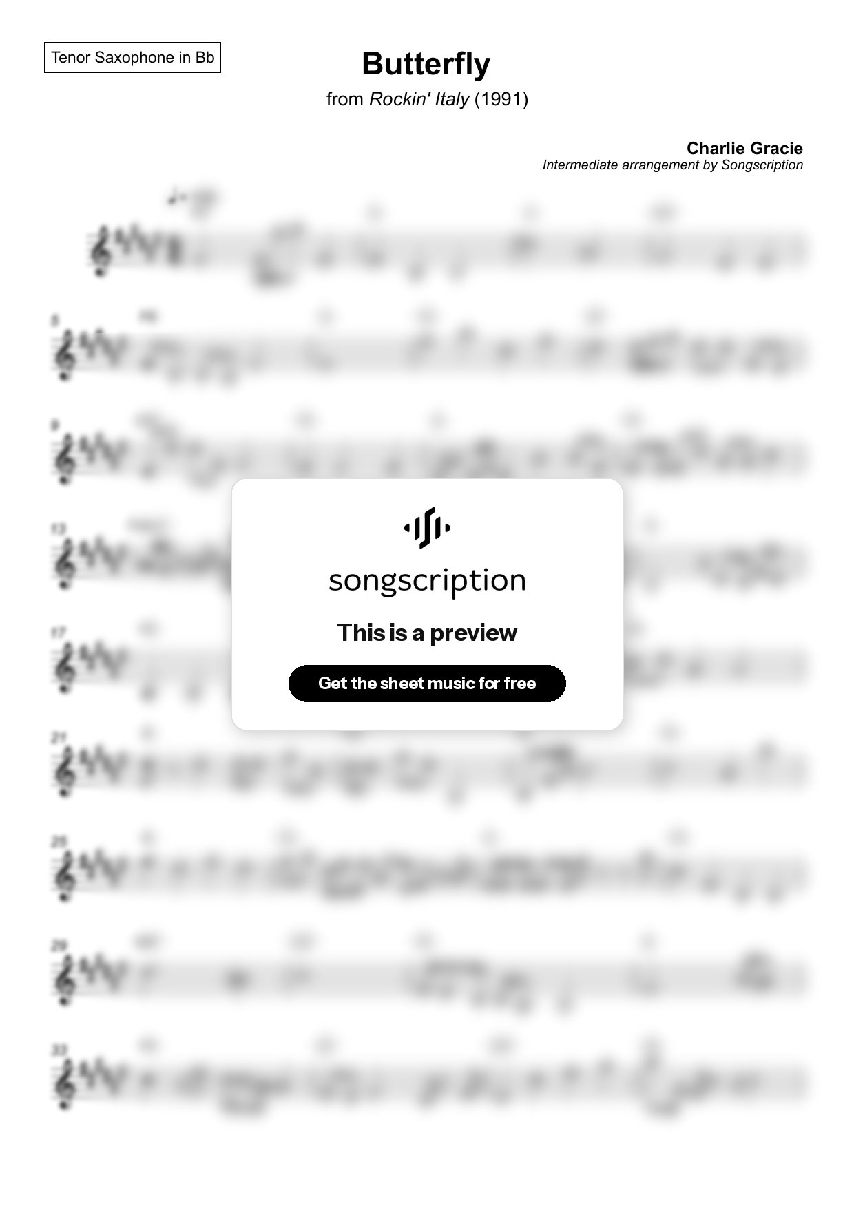 Intermediate Tenor Sax Sheet Music for "Butterfly" by Charlie Gracie