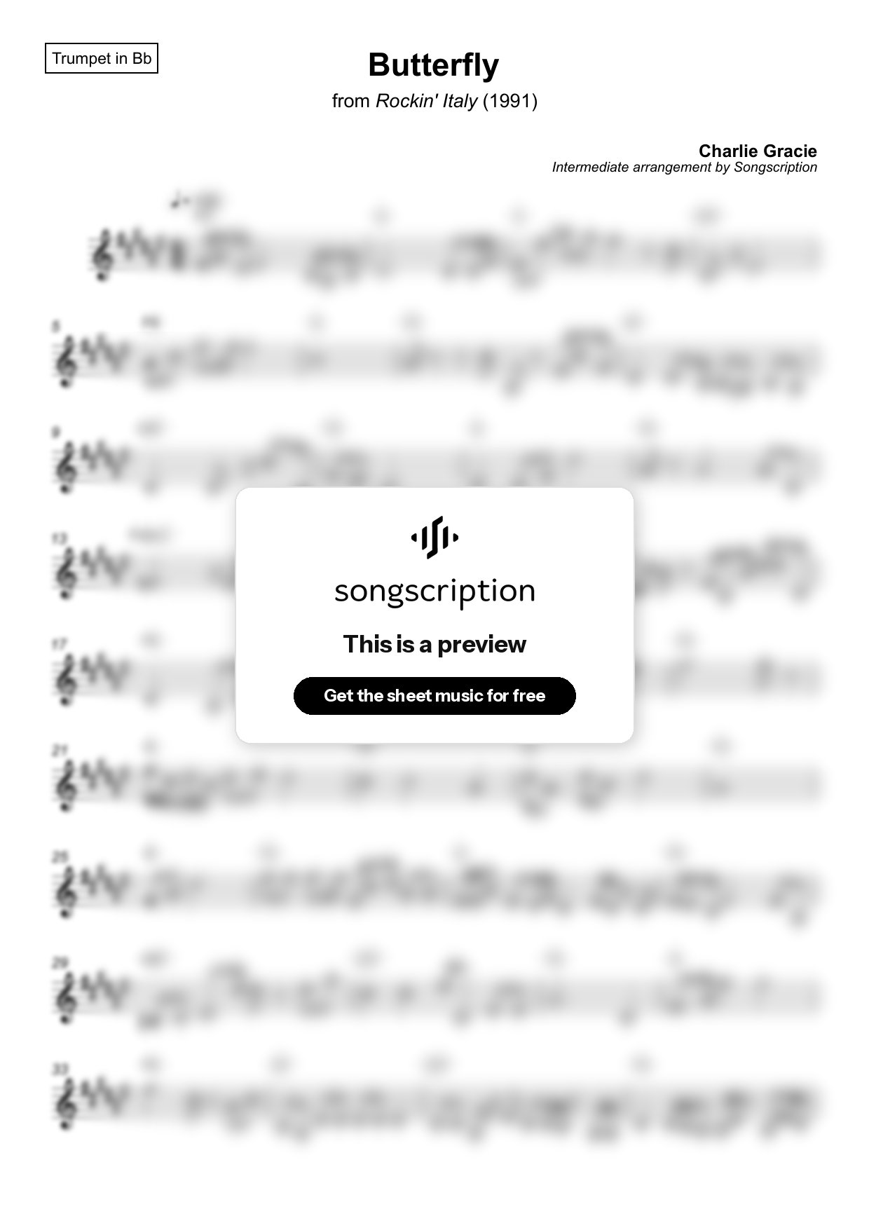 Intermediate Trumpet Sheet Music for "Butterfly" by Charlie Gracie