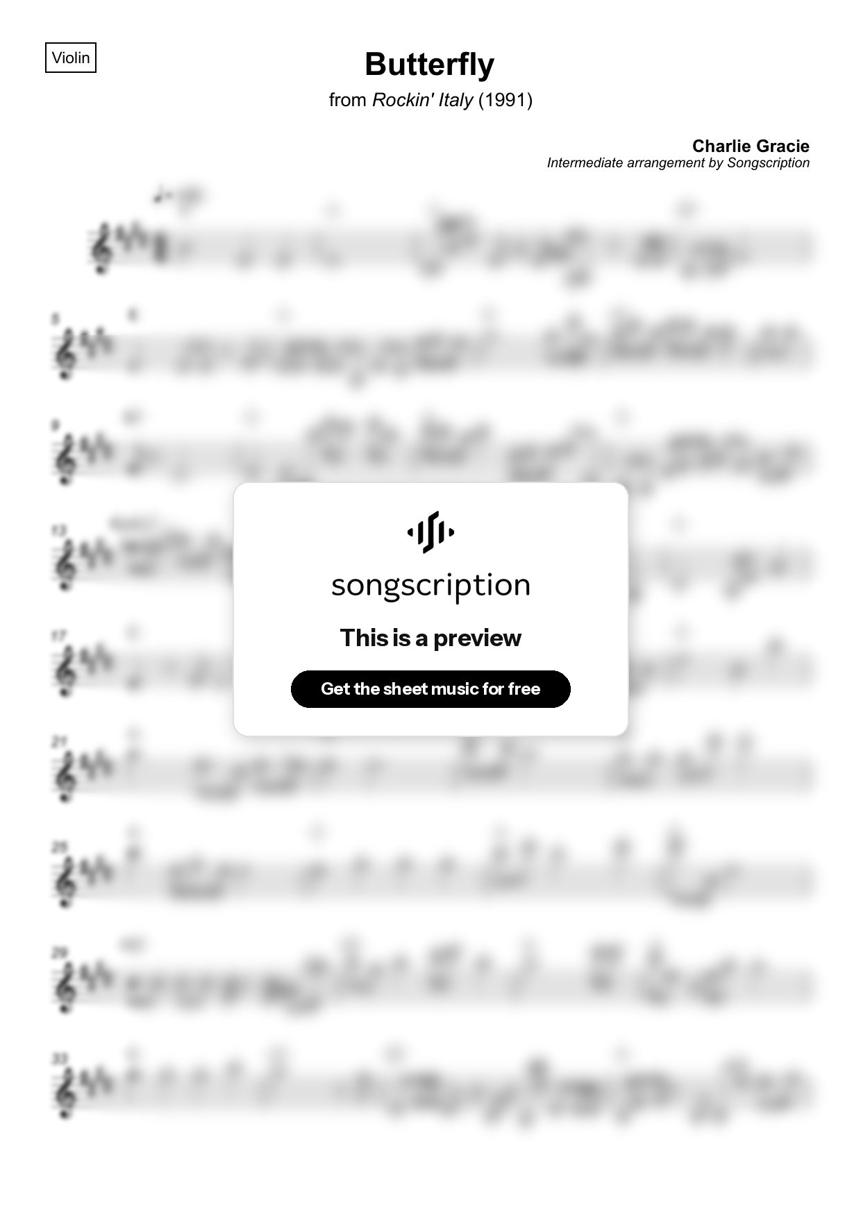 Intermediate Violin Sheet Music for "Butterfly" by Charlie Gracie