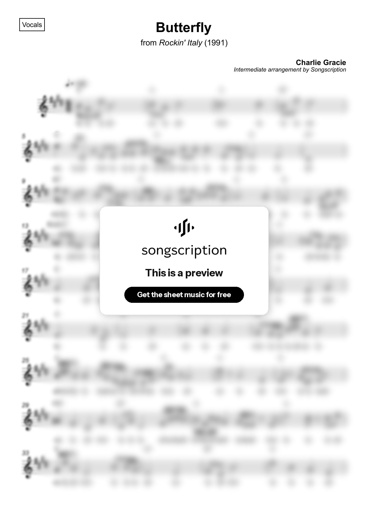 Intermediate Vocals Sheet Music for "Butterfly" by Charlie Gracie