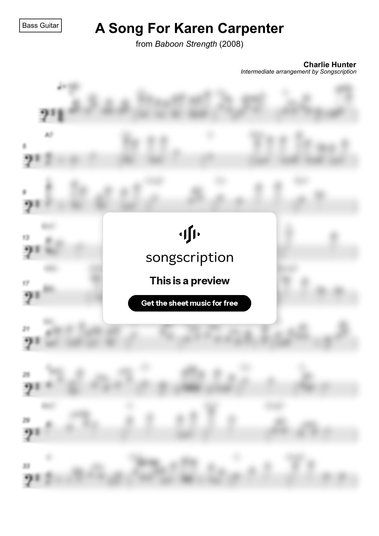 Intermediate Bass Guitar Sheet Music for "A Song For Karen Carpenter" by Charlie Hunter