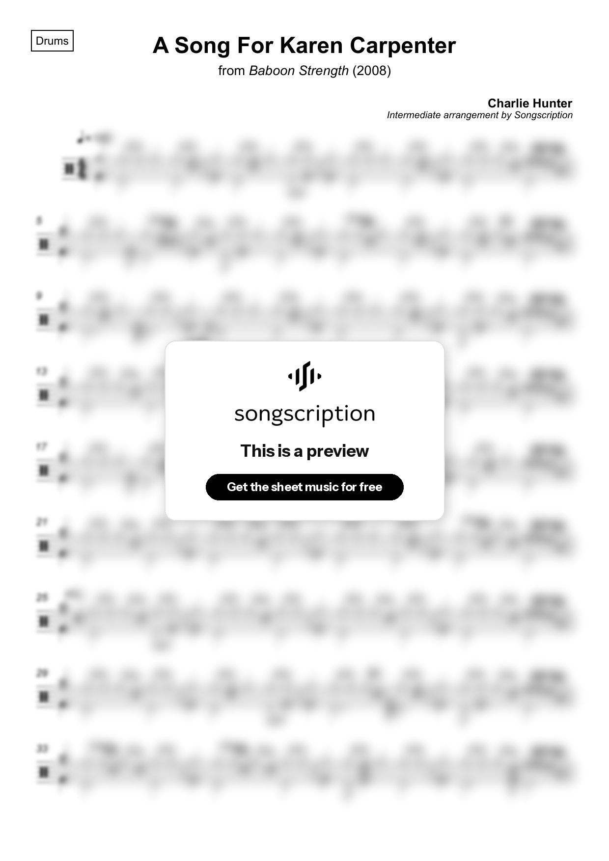 Intermediate Drums Sheet Music for "A Song For Karen Carpenter" by Charlie Hunter