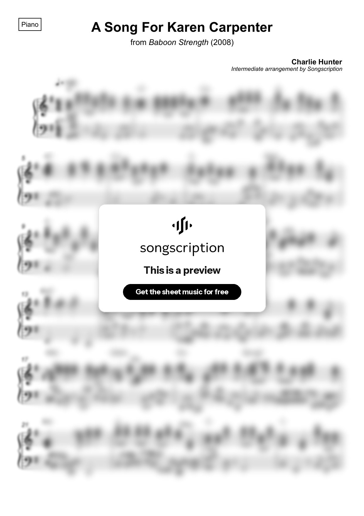 Intermediate Piano Sheet Music for "A Song For Karen Carpenter" by Charlie Hunter