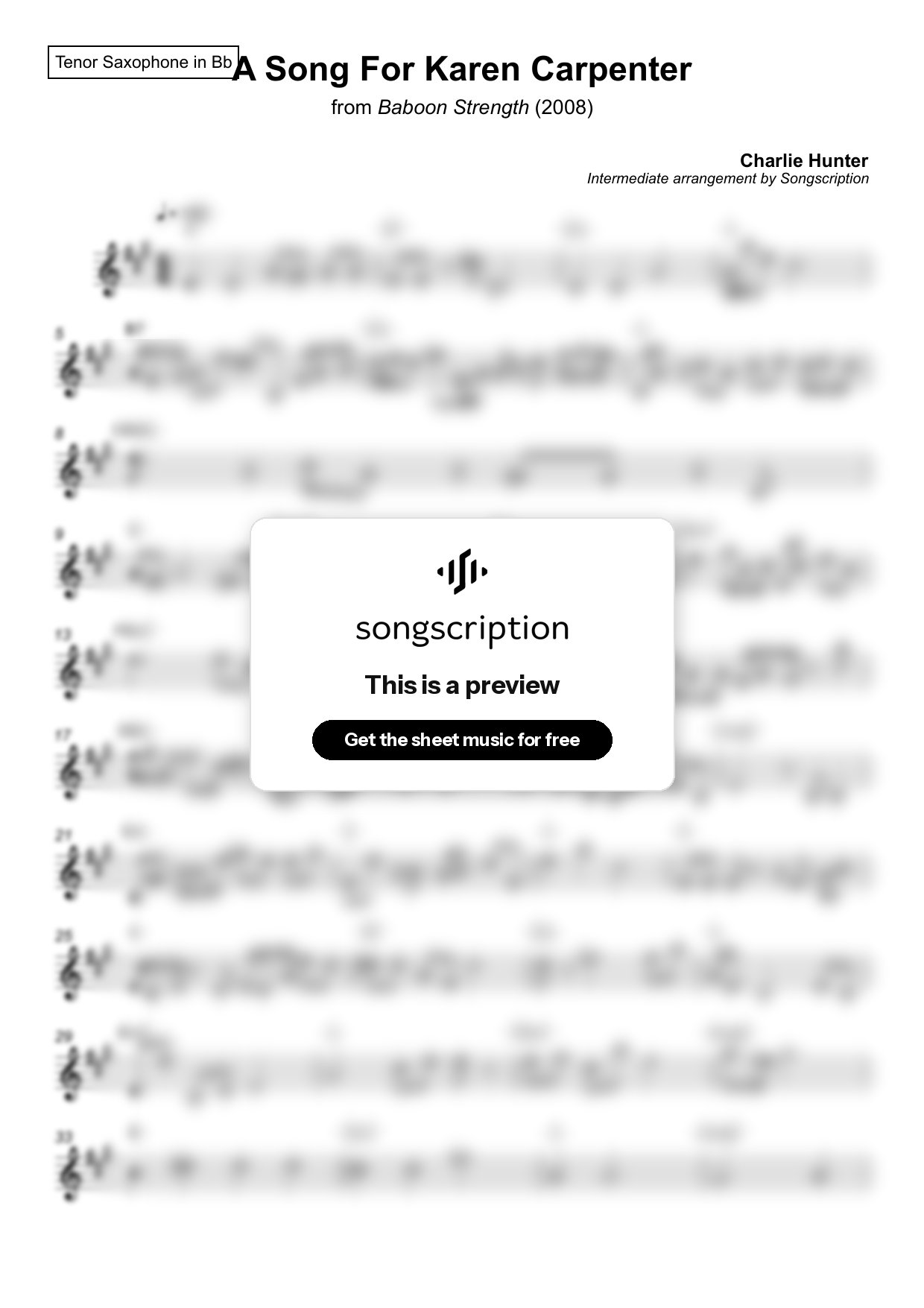 Intermediate Tenor Sax Sheet Music for "A Song For Karen Carpenter" by Charlie Hunter