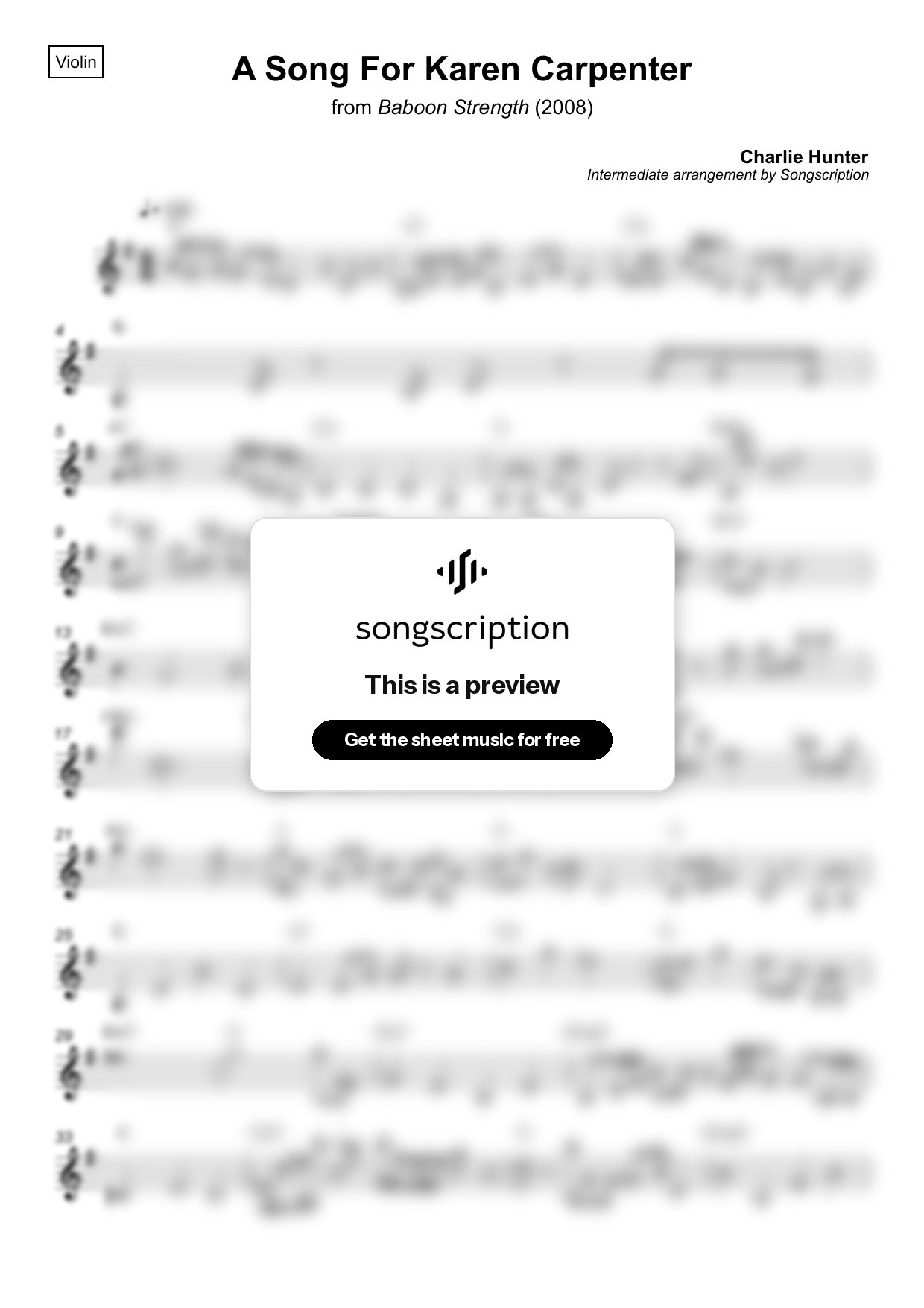 Intermediate Violin Sheet Music for "A Song For Karen Carpenter" by Charlie Hunter