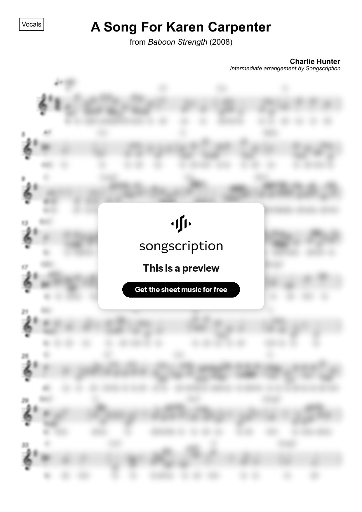 Intermediate Vocals Sheet Music for "A Song For Karen Carpenter" by Charlie Hunter