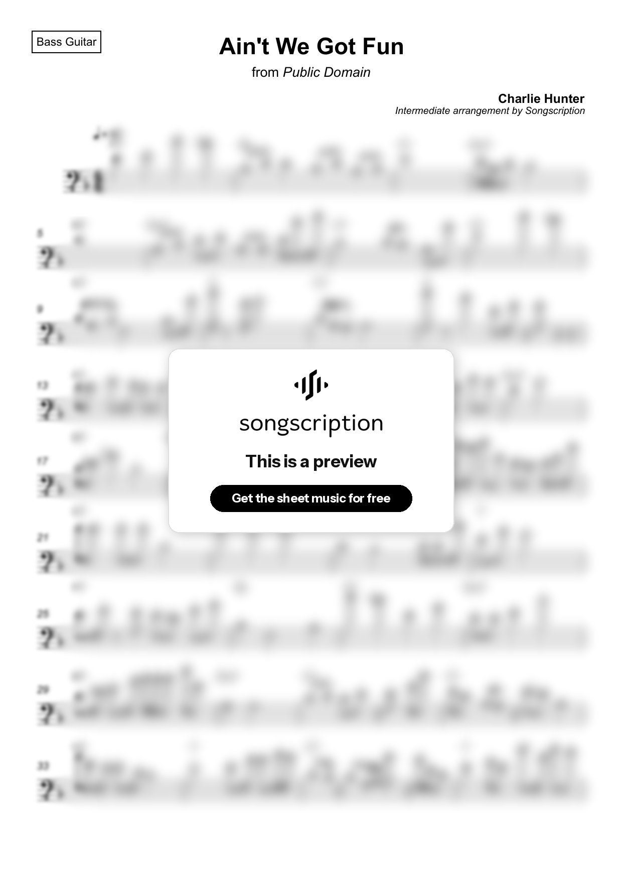 Intermediate Bass Guitar Sheet Music for "Ain't We Got Fun" by Charlie Hunter