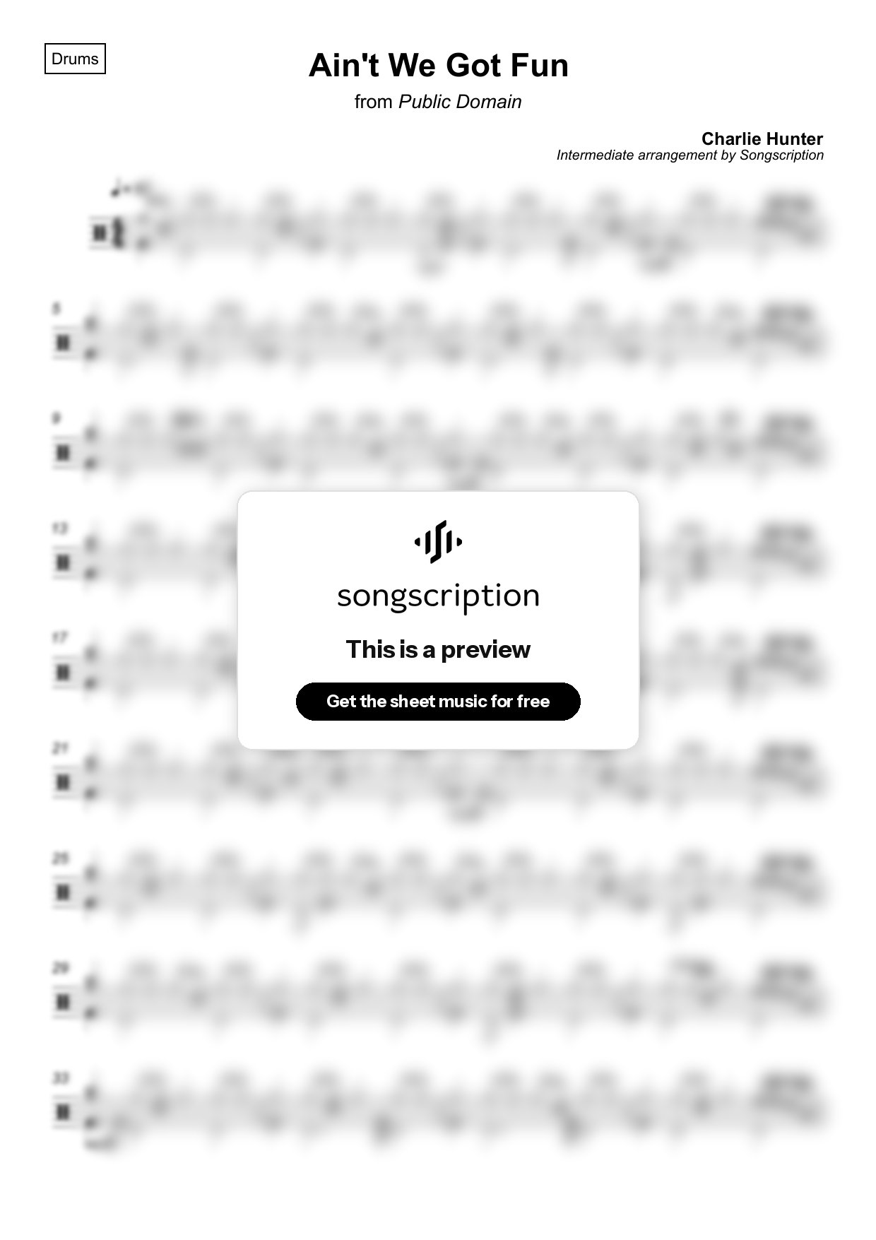 Intermediate Drums Sheet Music for "Ain't We Got Fun" by Charlie Hunter