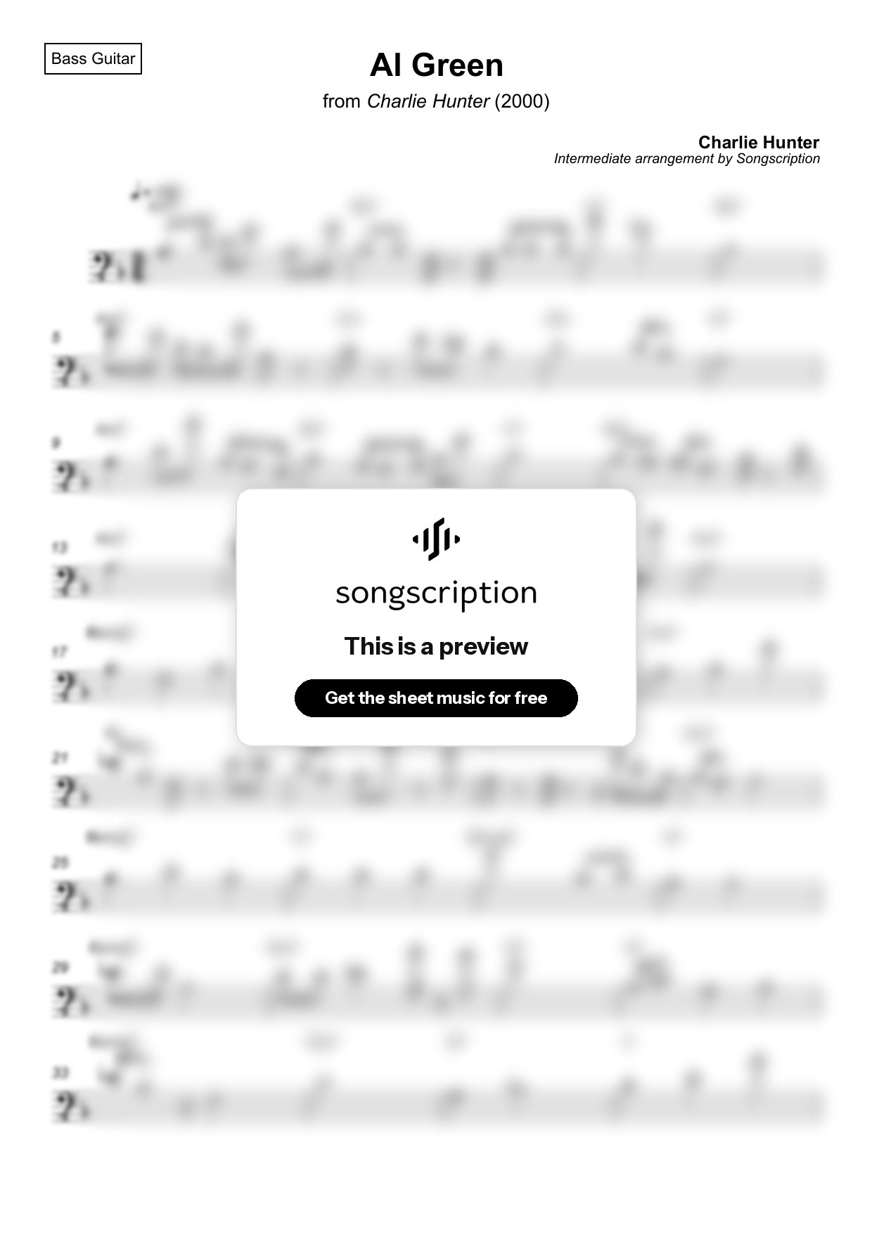 Intermediate Bass Guitar Sheet Music for "Al Green" by Charlie Hunter