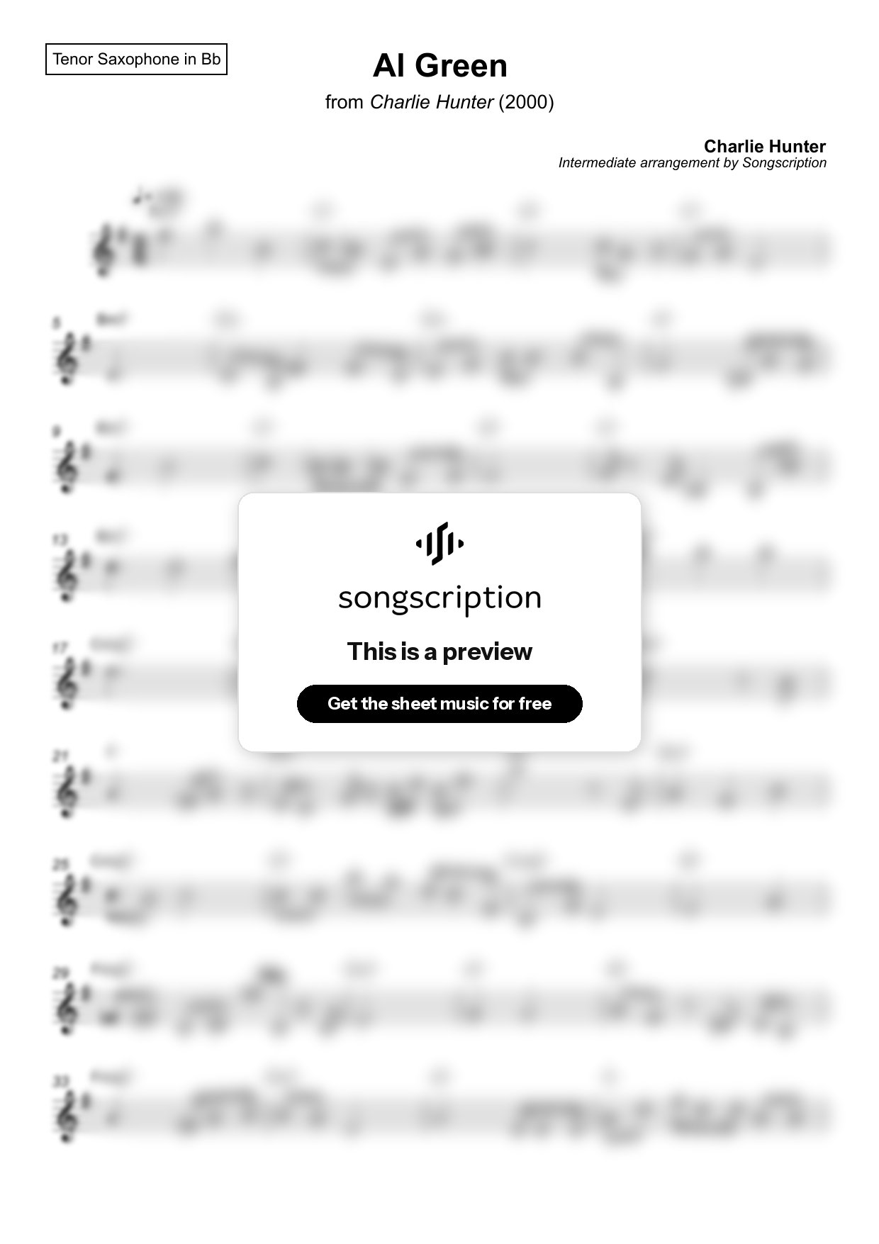 Intermediate Tenor Sax Sheet Music for "Al Green" by Charlie Hunter
