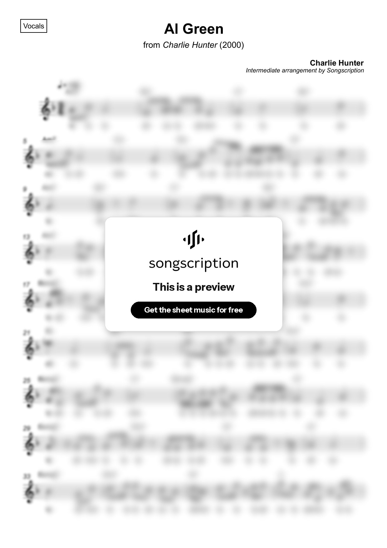 Intermediate Vocals Sheet Music for "Al Green" by Charlie Hunter
