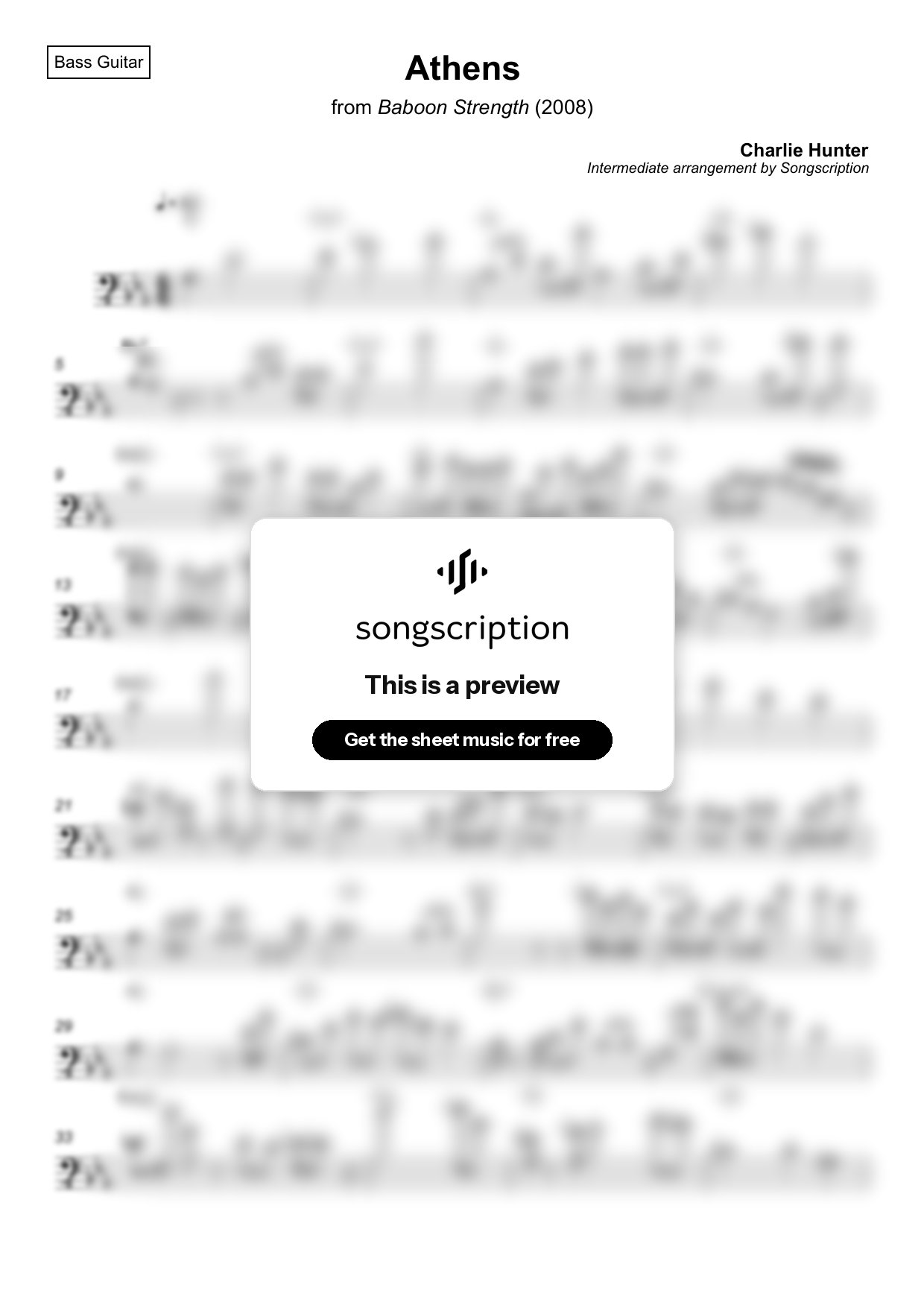 Intermediate Bass Guitar Sheet Music for "Athens" by Charlie Hunter