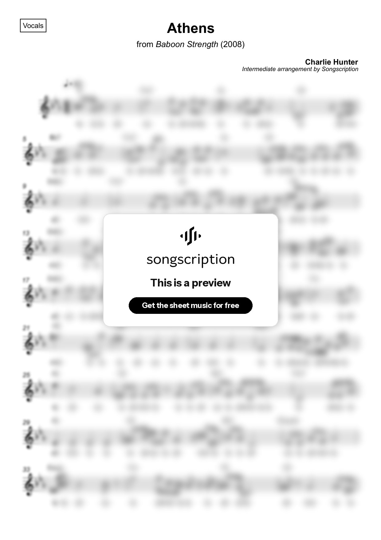 Intermediate Vocals Sheet Music for "Athens" by Charlie Hunter