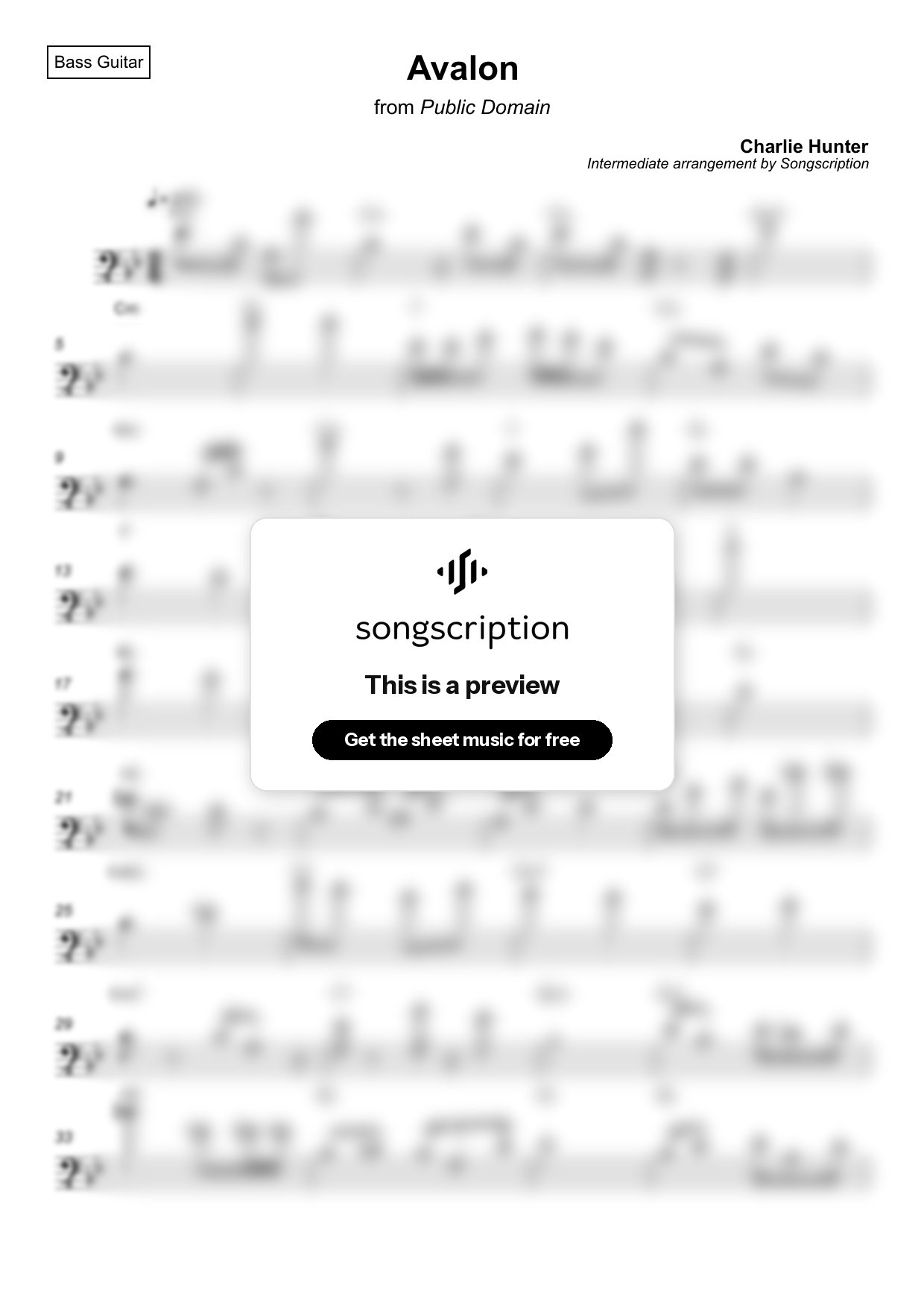 Intermediate Bass Guitar Sheet Music for "Avalon" by Charlie Hunter