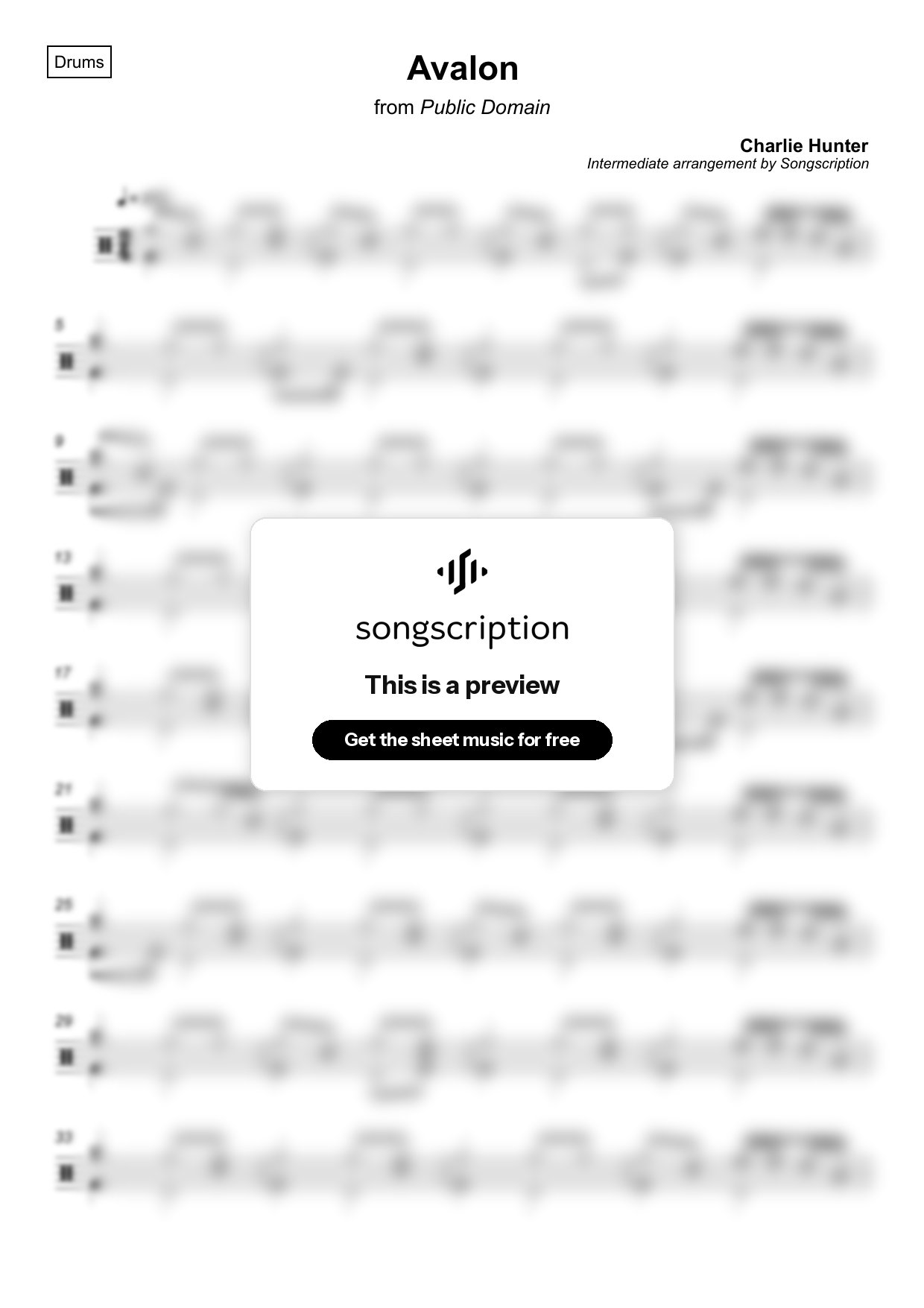 Intermediate Drums Sheet Music for "Avalon" by Charlie Hunter