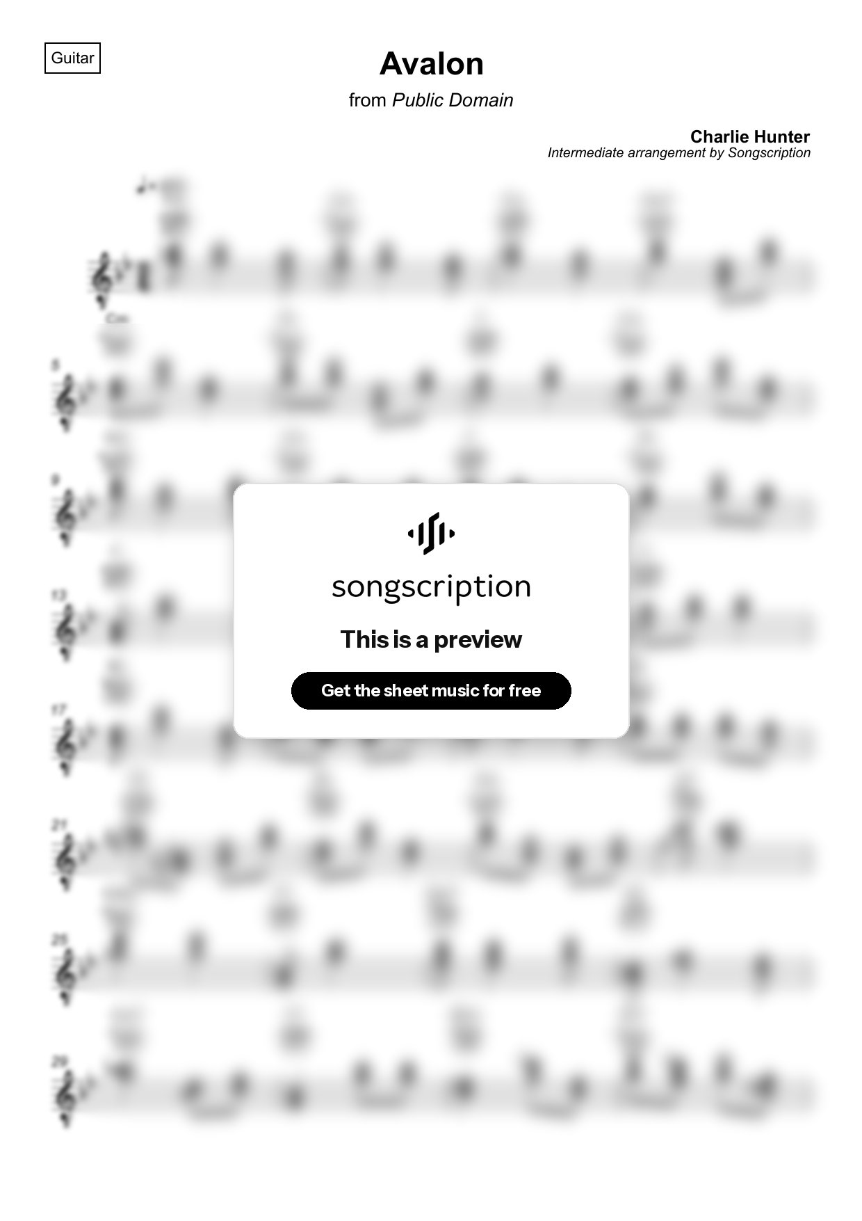 Intermediate Acoustic Guitar Sheet Music for "Avalon" by Charlie Hunter