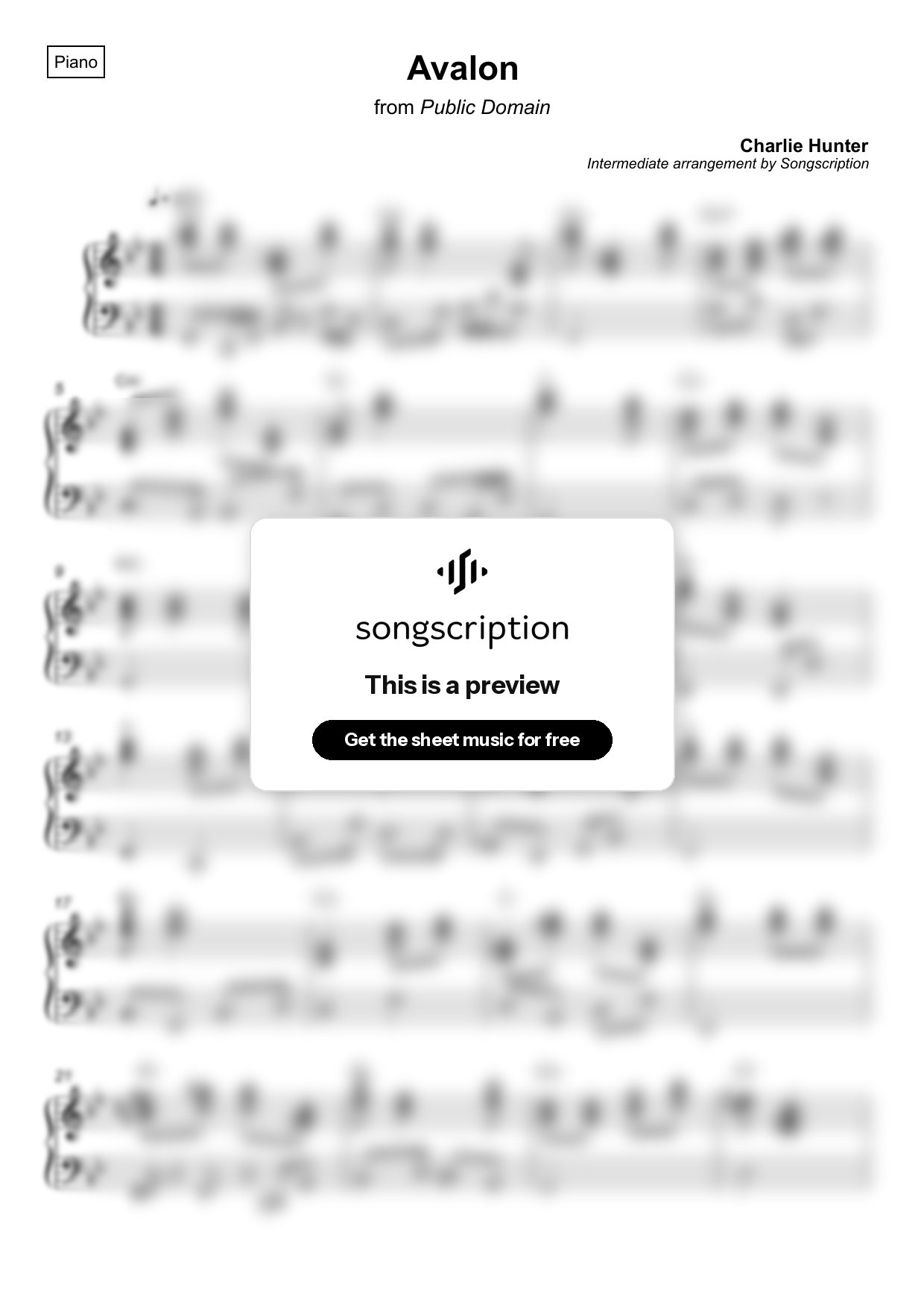 Intermediate Piano Sheet Music for "Avalon" by Charlie Hunter