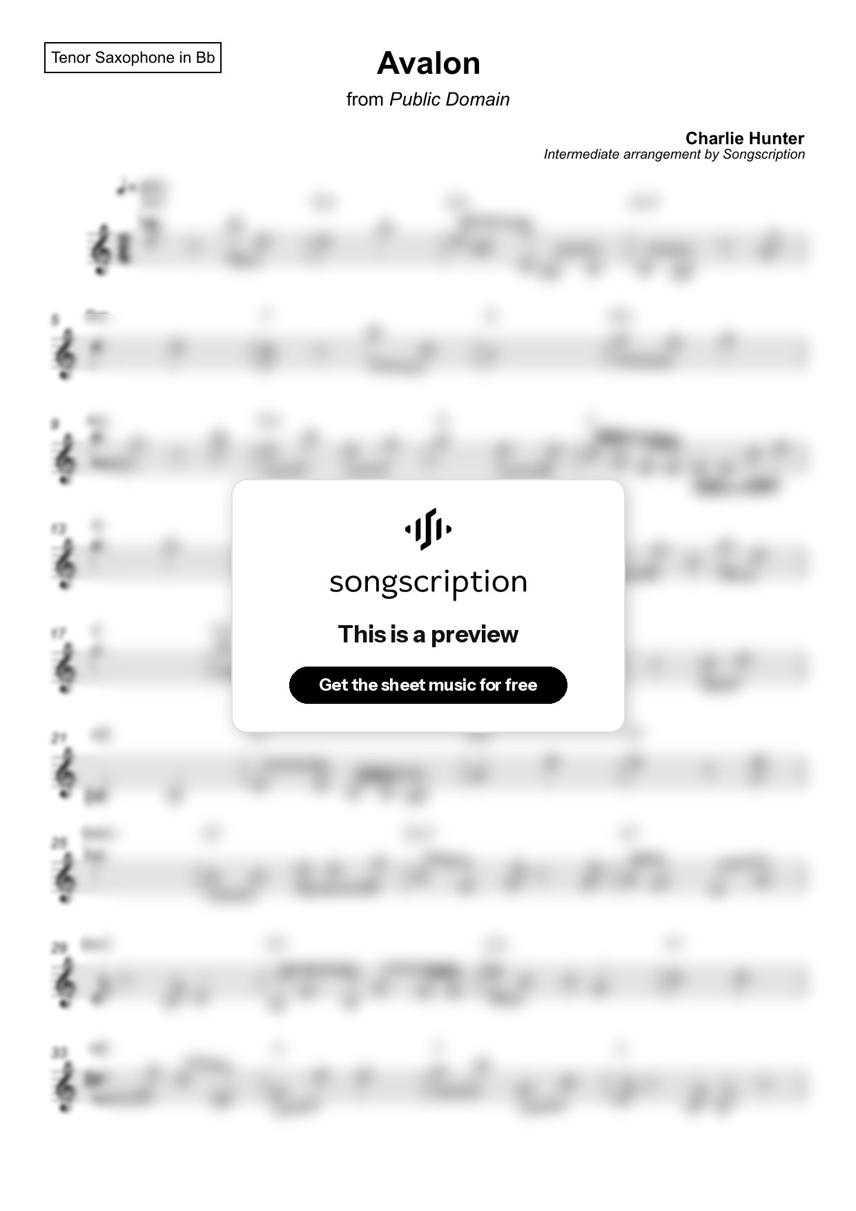 Intermediate Tenor Sax Sheet Music for "Avalon" by Charlie Hunter