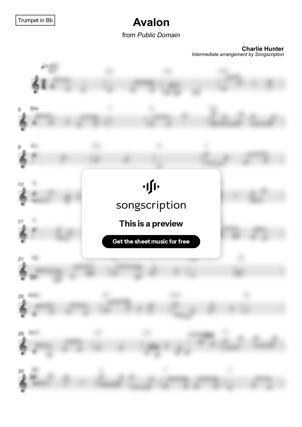 Intermediate Trumpet Sheet Music for "Avalon" by Charlie Hunter