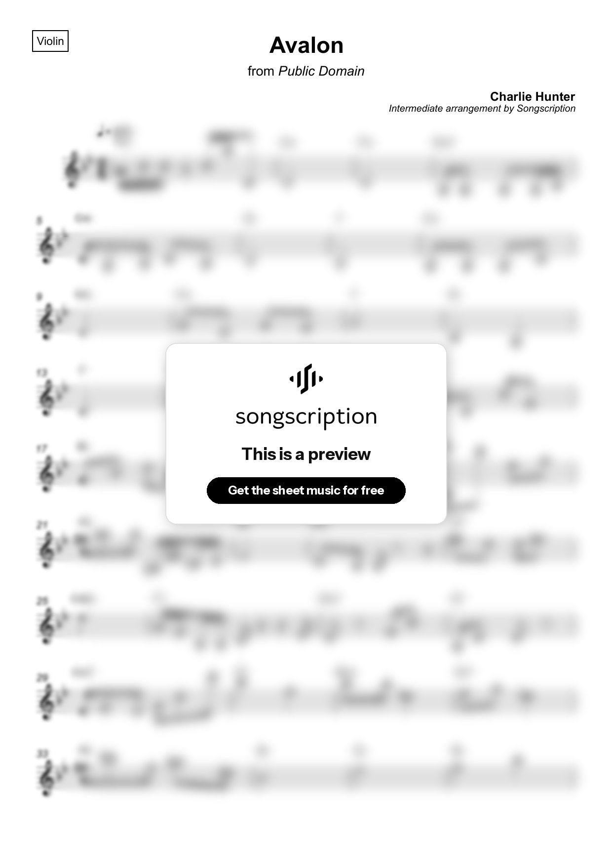 Intermediate Violin Sheet Music for "Avalon" by Charlie Hunter