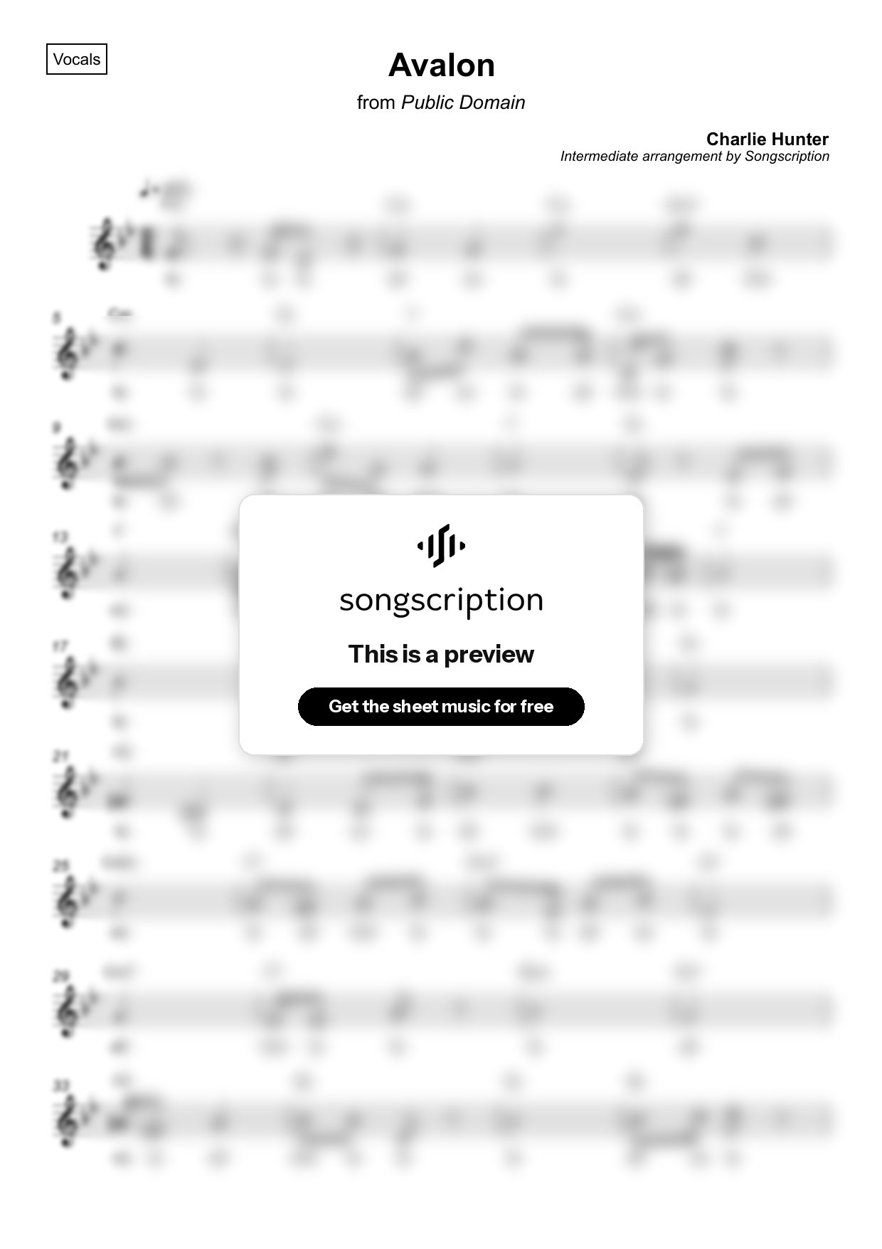 Intermediate Vocals Sheet Music for "Avalon" by Charlie Hunter