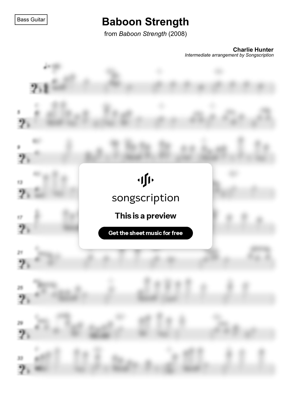 Intermediate Bass Guitar Sheet Music for "Baboon Strength" by Charlie Hunter