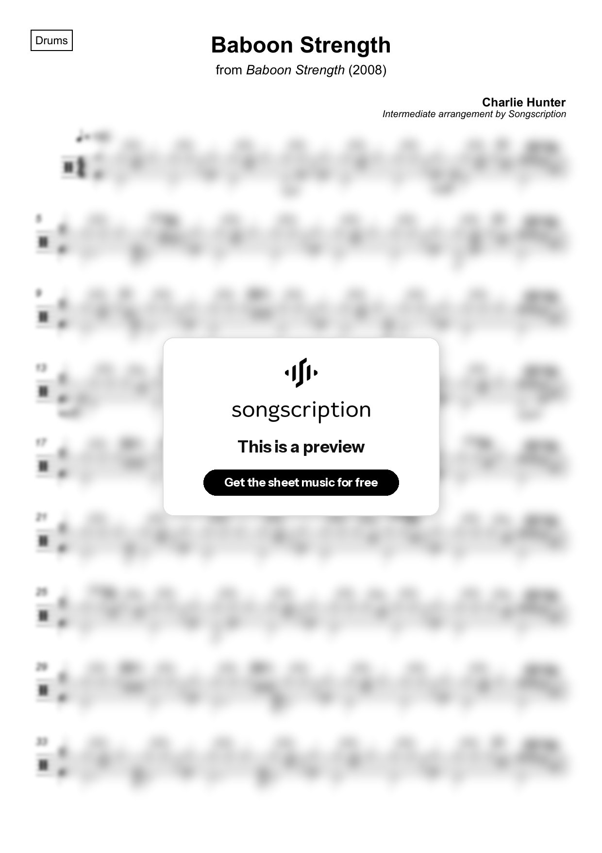 Intermediate Drums Sheet Music for "Baboon Strength" by Charlie Hunter