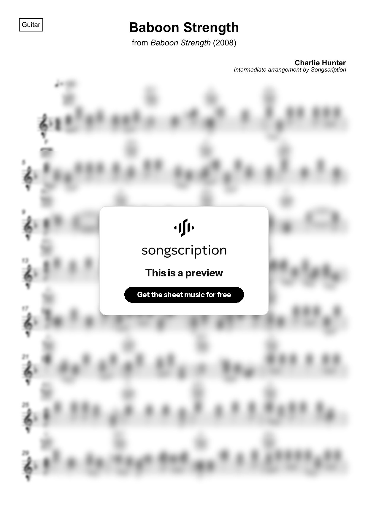 Intermediate Acoustic Guitar Sheet Music for "Baboon Strength" by Charlie Hunter